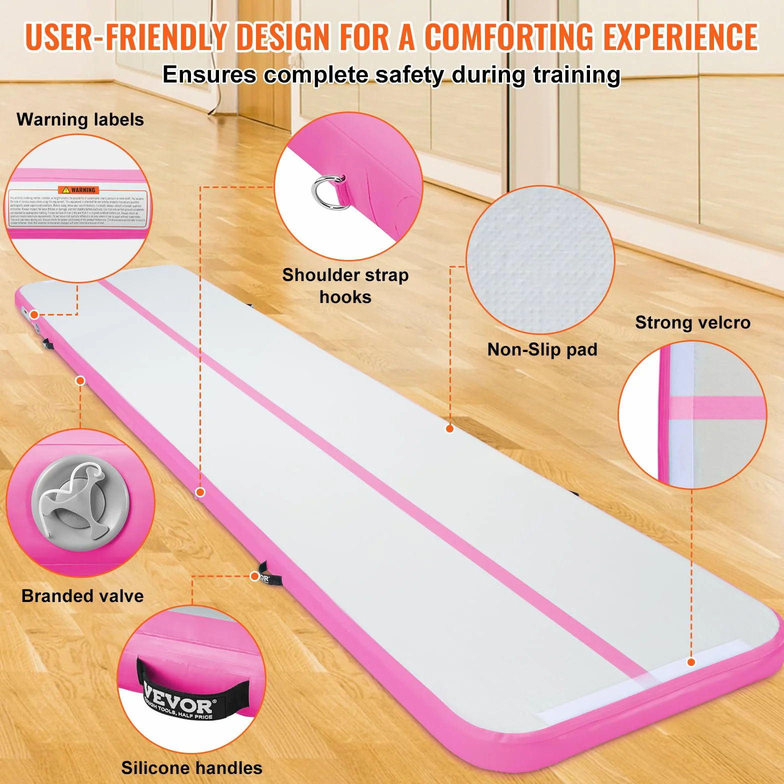 VEVOR Colchoneta Inflable de Gimnasia 10 cm Grosor, Pista de Acrobacia con Bomba Eléctrica, 5 m, Rosa