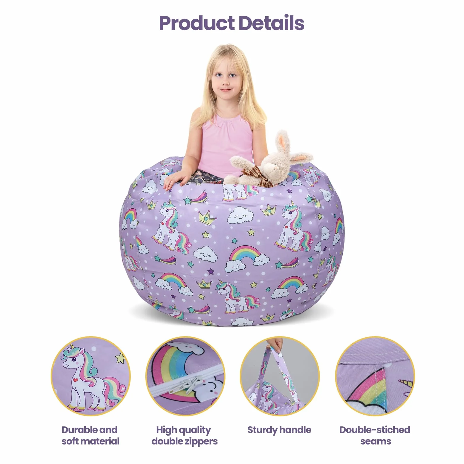decalsweet Unicornio Grande Bolsa Puff para Guardar Juguetes para Niñas, Bolsa de Frijoles Cubierta de Silla en Interiores y Exteriores (Sin Relleno), Rosa