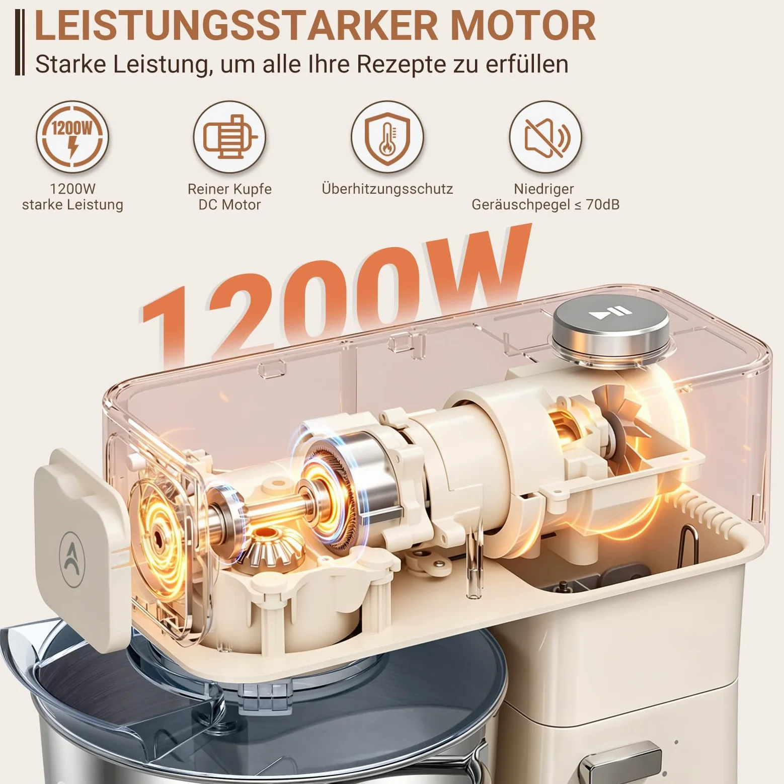 ZACME Robot de cocina de 1200 W, cuenco de acero inoxidable de 5,2 L, motor de CC silencioso, transmisión de 11 niveles, incluye 3 herramientas para mezclar (gancho para amasar, batidor, batidor