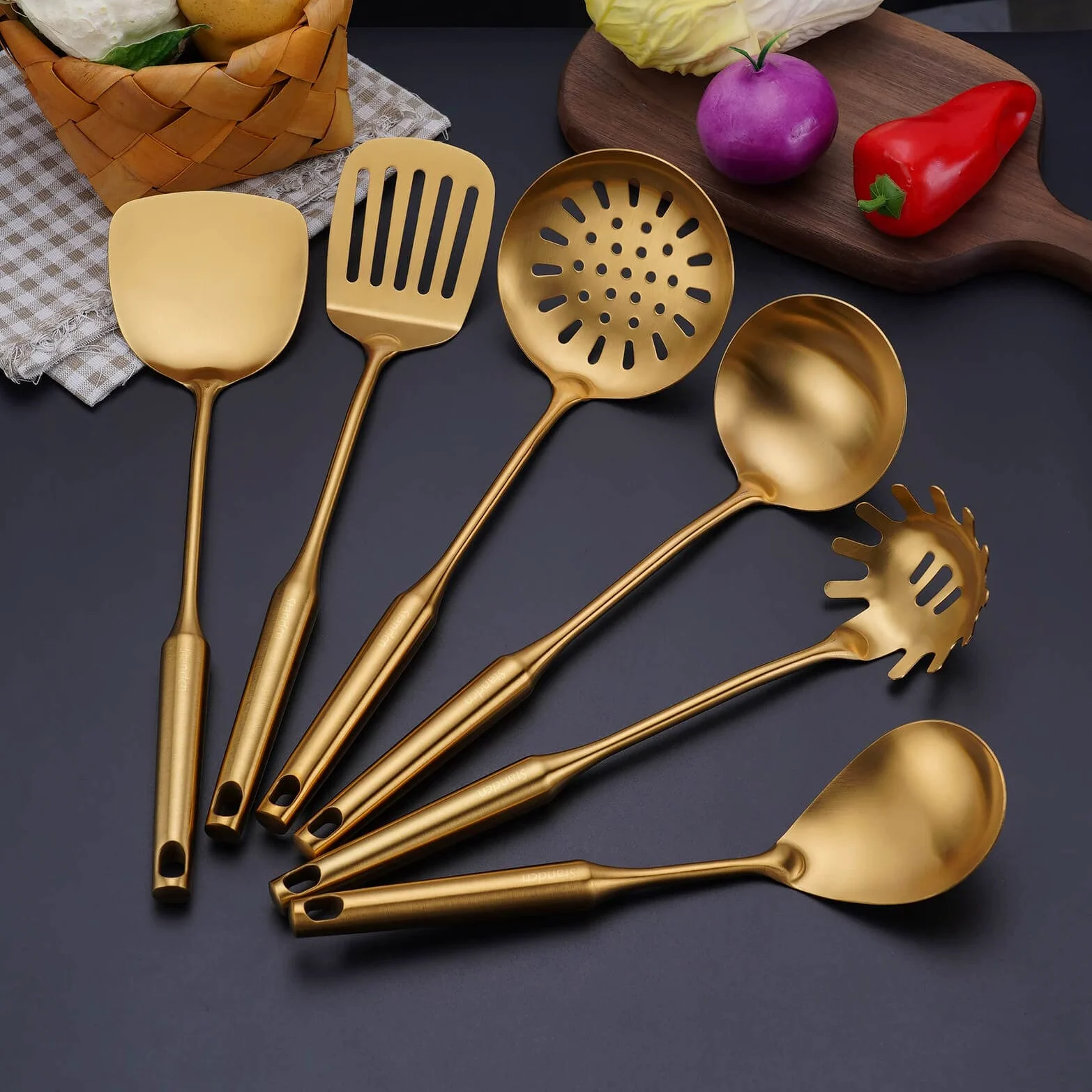 Juego de utensilios de cocina dorados, 8 piezas de acero inoxidable 304, herramientas de cocina totalmente metálicas, espátula, cucharón de sopa, skimmer, espátula ranurada, servidor de espagueti