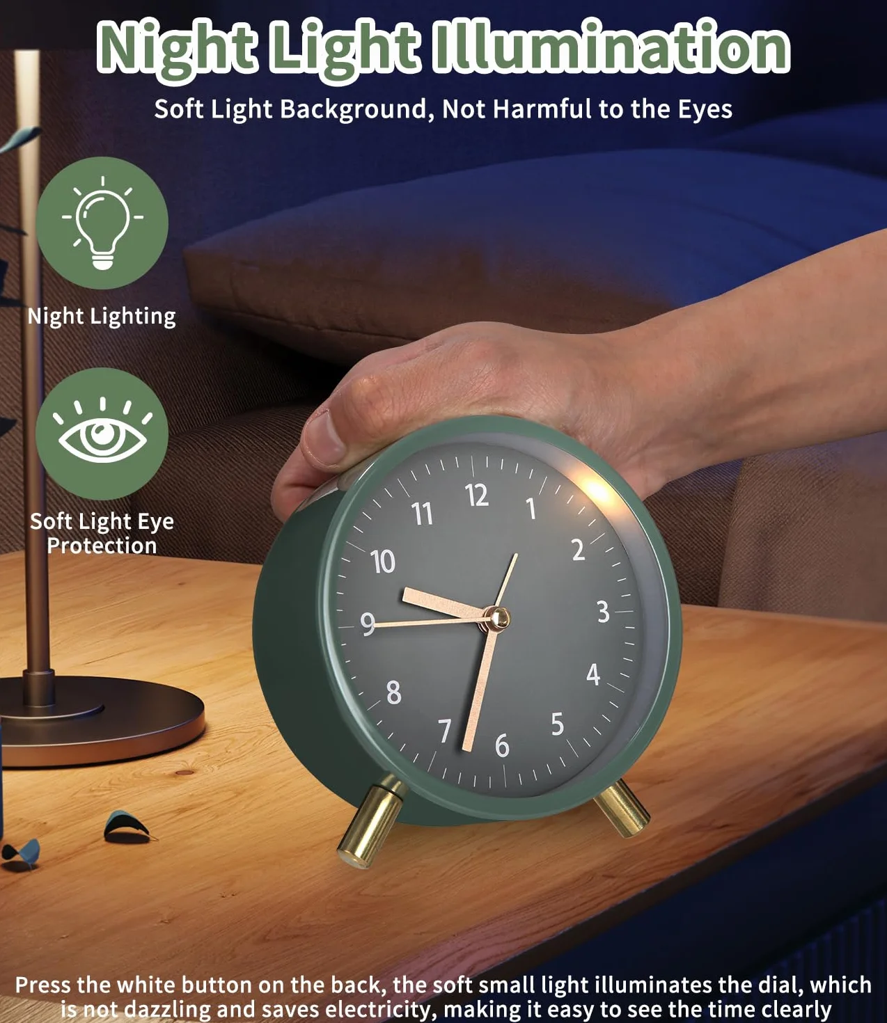 Reloj Despertador Analógico de Metal Redondo Verde Silencioso sin Tictac con Luz Nocturna para Dormitorio, Oficina y Viajes