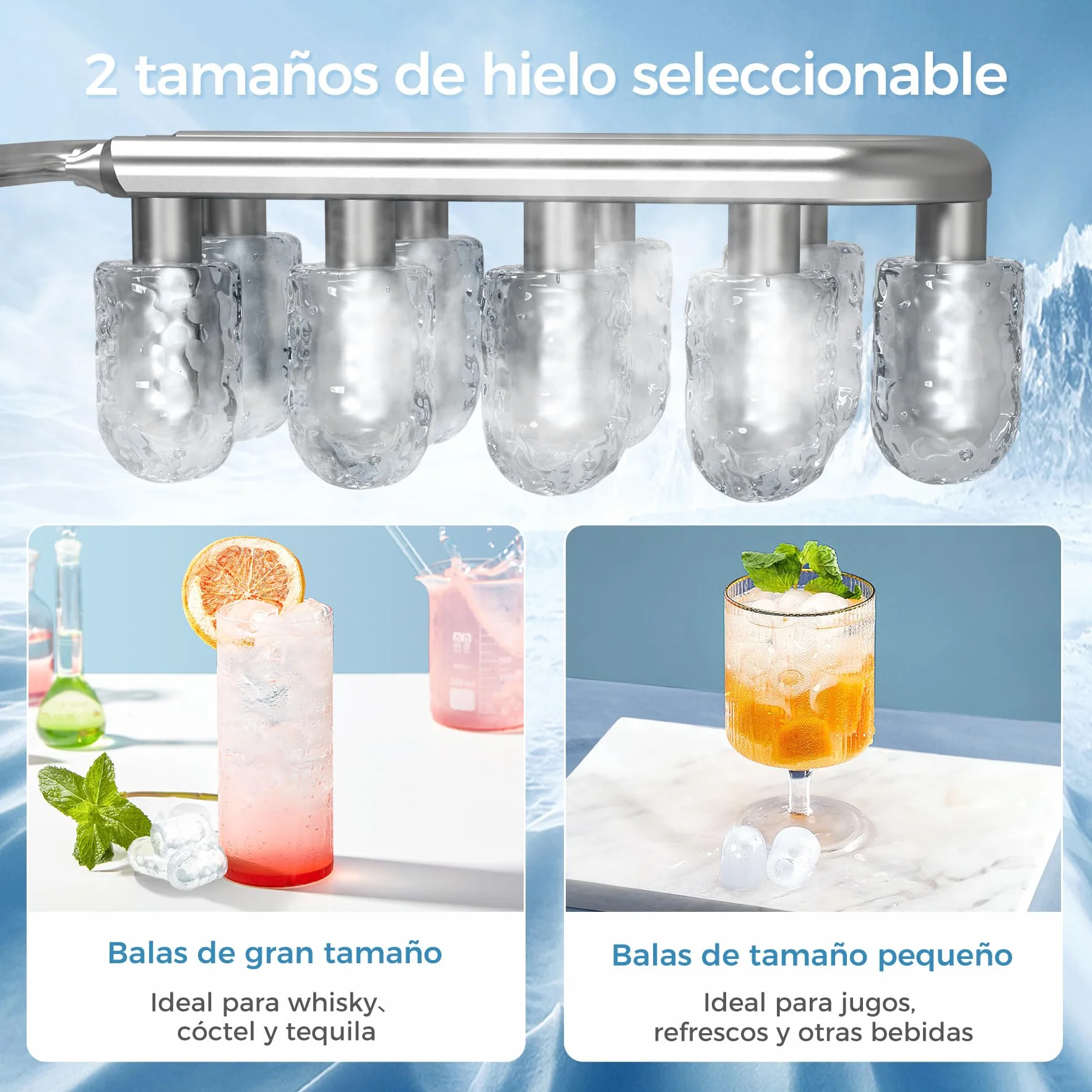 QEXREED Máquina de Hielo, Maquina de Hacer Hielo 12 kg/24h, 9 Cubitos de Hielo en 6 Minutos, Maquina de Hielo para Casa Autolimpiadora, Hielo de 2 Tamaños