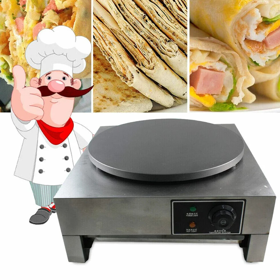 Futchoy - Crepa profesional con cuchara de madera 3000 W, crepera antiadherente, temperatura ajustable 50-300 ℃, para crepes, φ400 mm, moderno, profesional, acero inoxidable