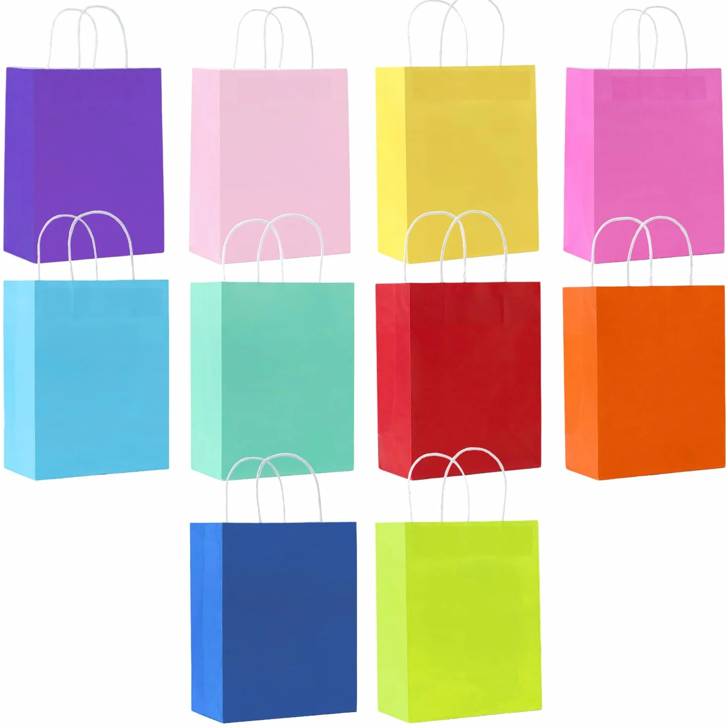 SHUBEIEUMI Paquete de 10 Bolsas de Regalo, Bolsas de Papel Kraft con Asas, 21 x 15 x 8 cm, Reutilizables Bolsas de Regalo para Embalaje Fiestas de Cumpleaños Bodas-Colorido