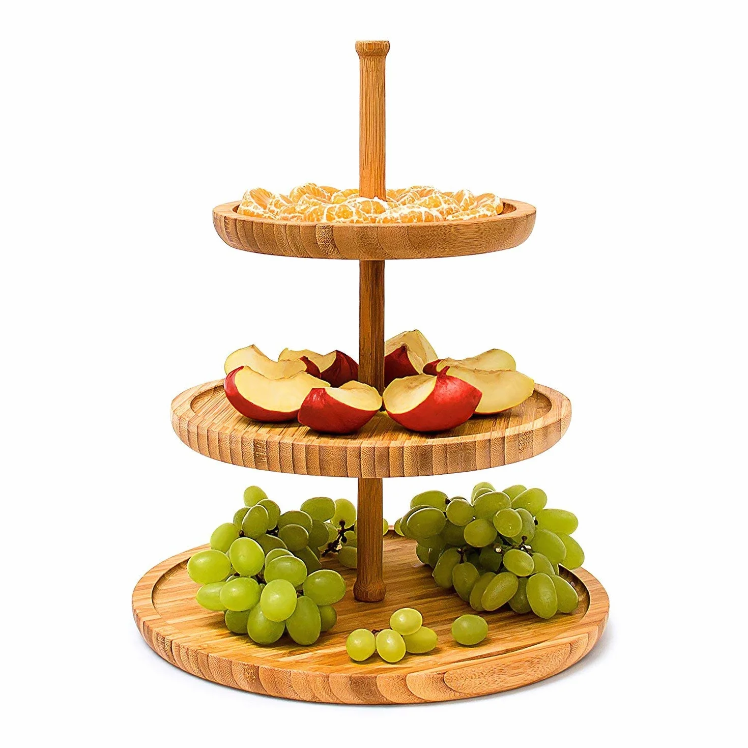 MostroMania – Bandeja de 3 pisos de madera de bambú – Soporte para frutas, dulces y aperitivos – Porta palillos – Frutero – Bandeja para quesos – Accesorios de cocina – Ideas de regalo – Regalos de