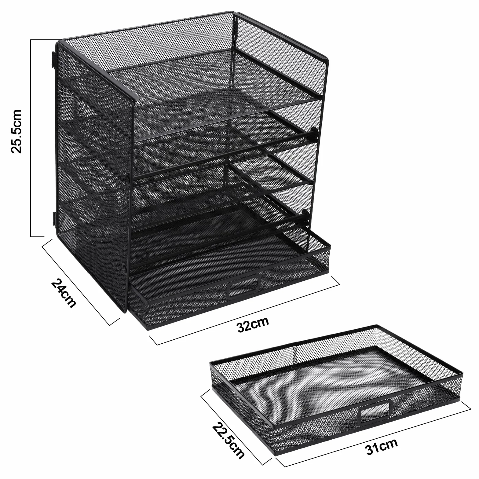 Cinnani Organizador de escritorio,bandeja de papel de 5 niveles con cajón, organizador de compartimentos de almacenamiento con carpetas,cartas,papel,bandeja organizadora de escritorio de metal (negro)