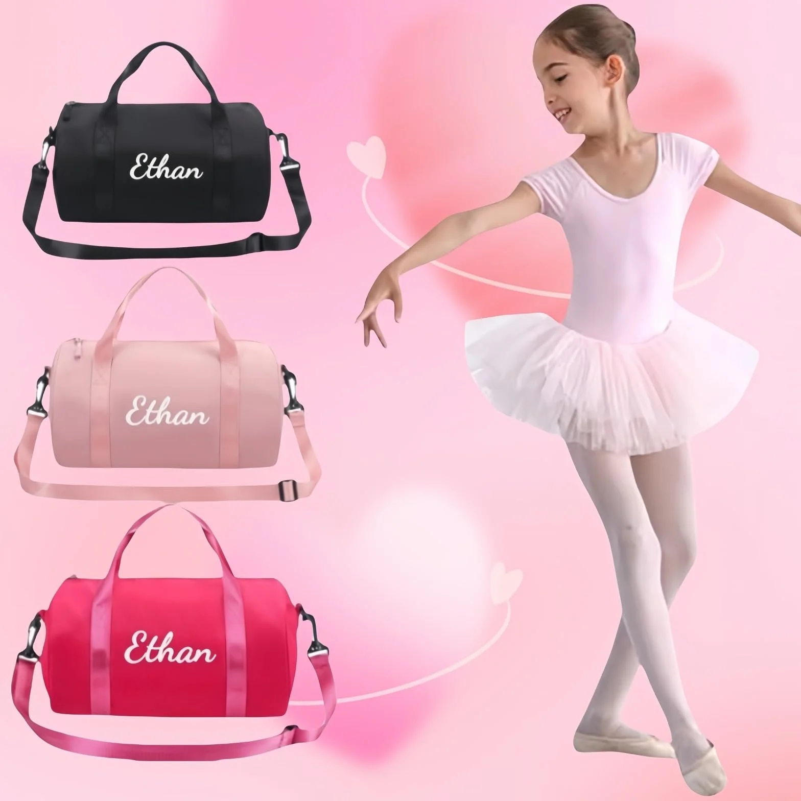 Bolsa de Baile Personalizada con Nombre Bordado, Bolsa de Ballet, Bolso de Yoga y Gimnasio para Mujer 11,8 x 6,69 x 6,69 Pulgadas Rosa