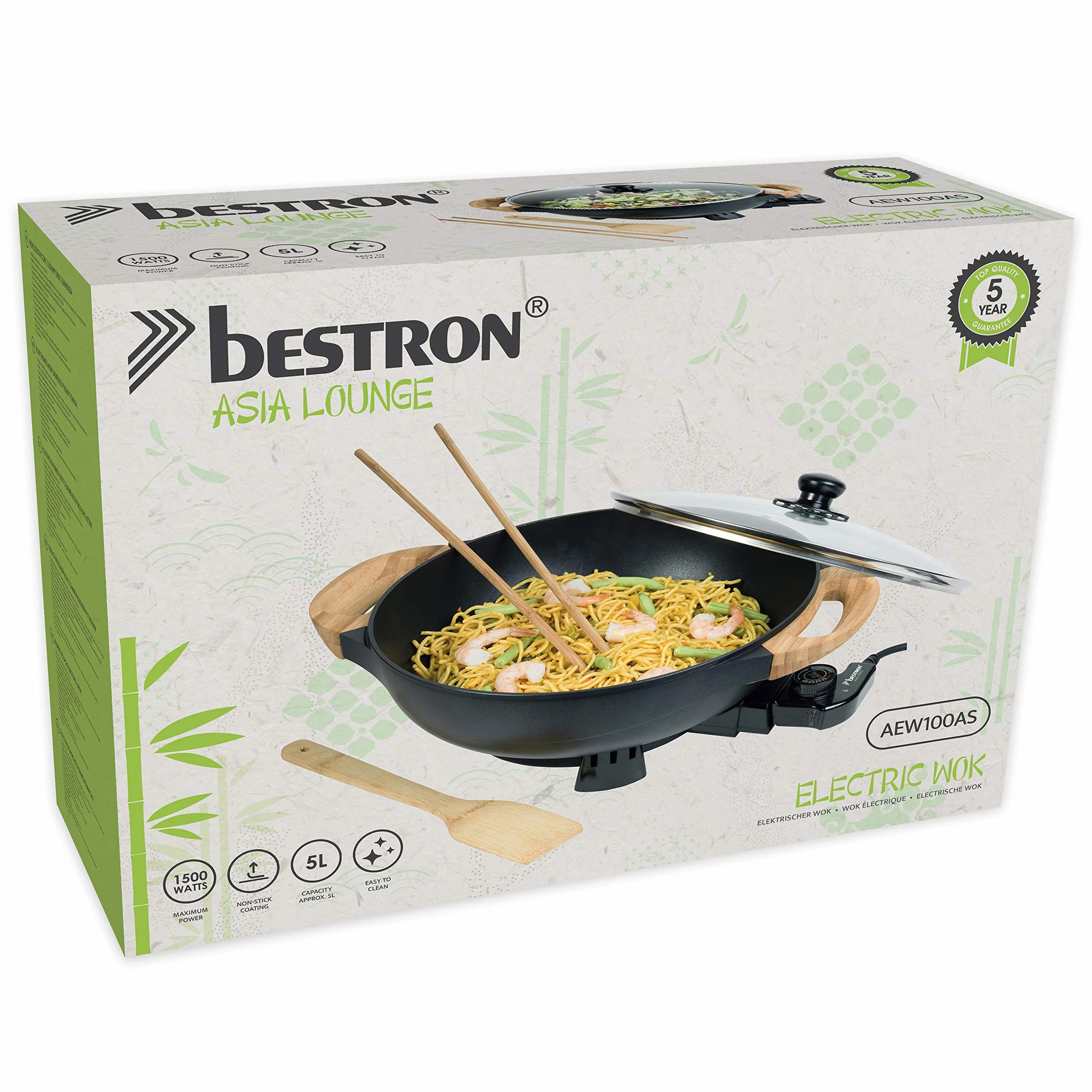 Bestron AEW100AS Wok eléctrico con asas de bambú, sartén wok XL con tapa de cristal en diseño asiático, incluye espátula de bambú, 2 palillos de cocina y libro de recetas, 1500 W, color negro, metal,