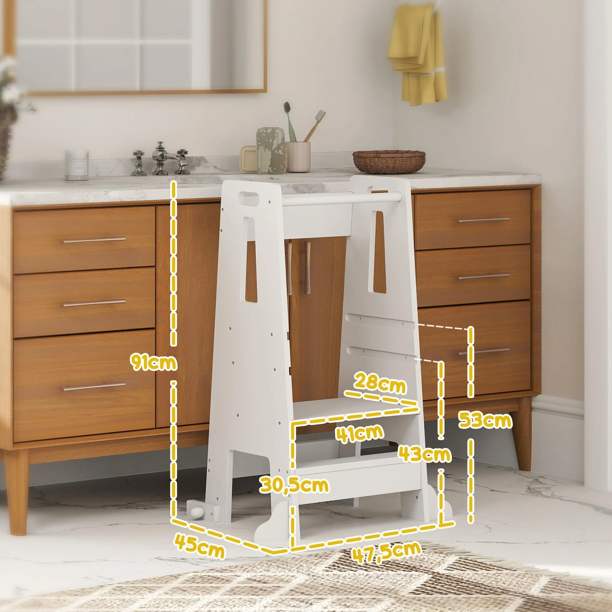AIYAPLAY Torre de Aprendizaje de Madera para Niños +3 Años Altura Ajustable 3 Niveles Barrera de Seguridad 45x47,5x91 cm Blanco