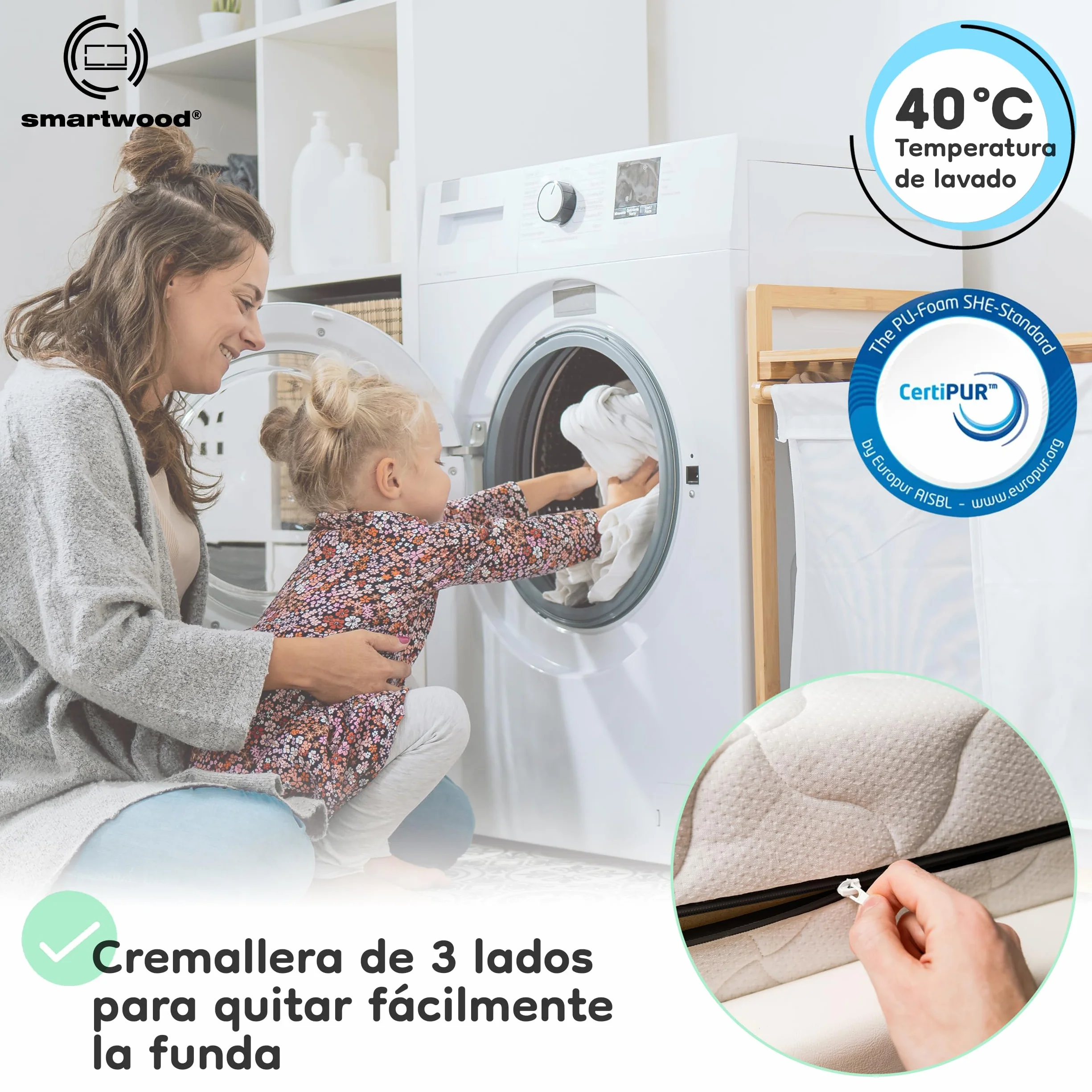 smartwood Colchón 80x140 9 cm Infantil - Colchon Espuma H2 - Certificación Oeko-Tex - Reversible – Funda Transpirable Antialérgica Lavable | Made in UE