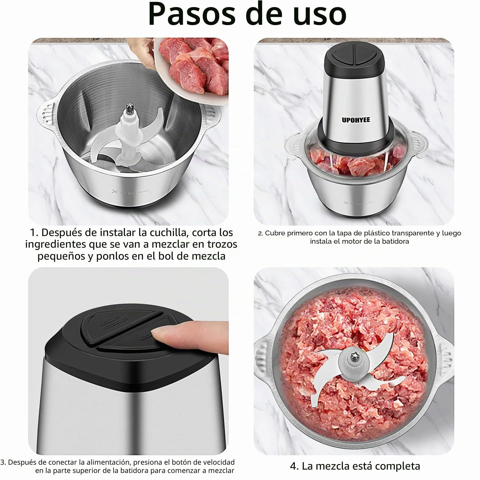 Picadora Eléctrica de Alimentos 600W y Capacidad 2L Trituradora de Alimentos 4 Cuchillas Acero Inoxidable Picadora de Carne 2 Velocidades para Frutas Verduras Carne Especias
