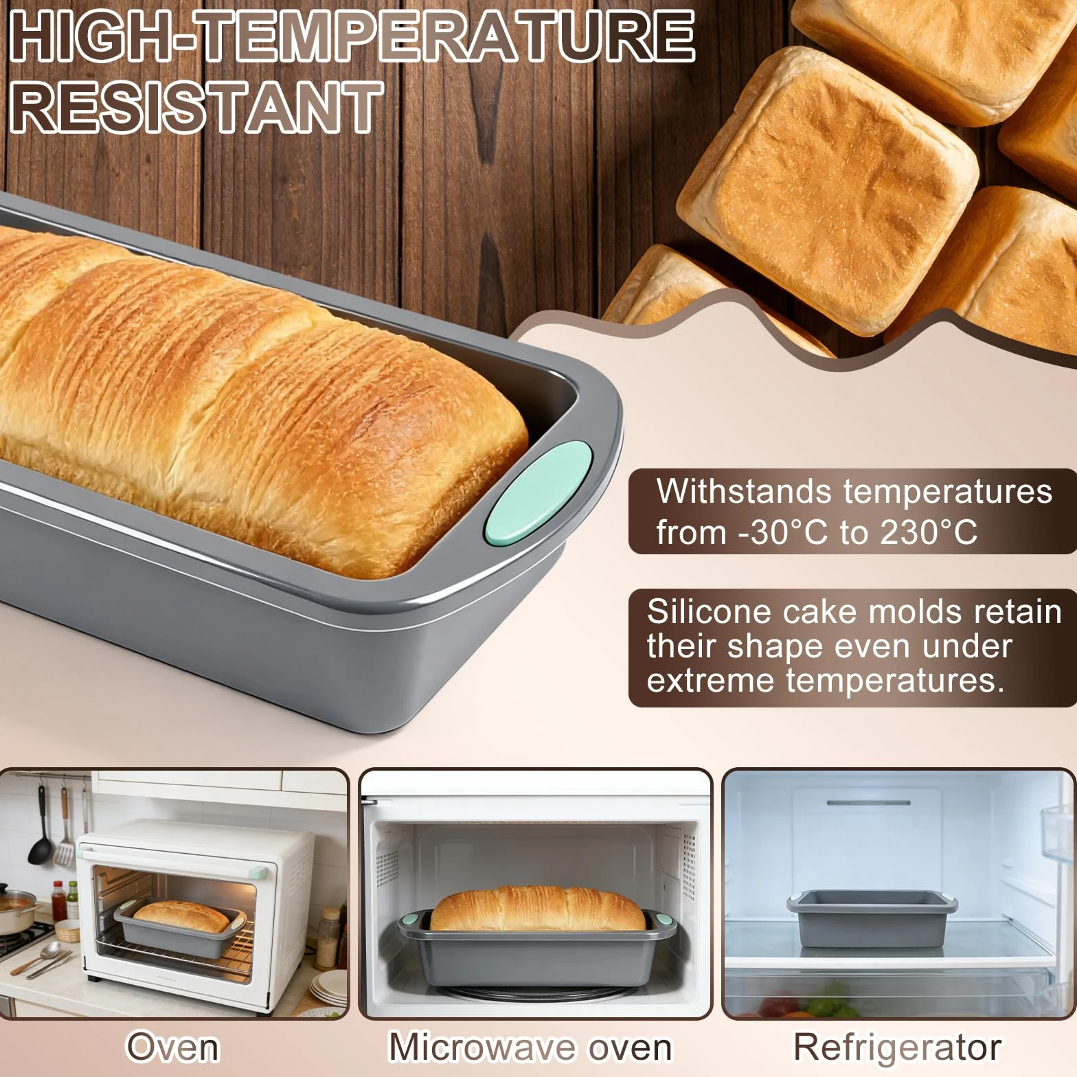 2 Piezas Molde Silicona Bizcocho, Moldes de Silicona para Hornear Pan, Moldes Silicona Reposteria Rectangular Antiadherente, Molde Bizcocho Horno Libre de BPA para Freidora de Aire 28 x 15 x 6.5 cm
