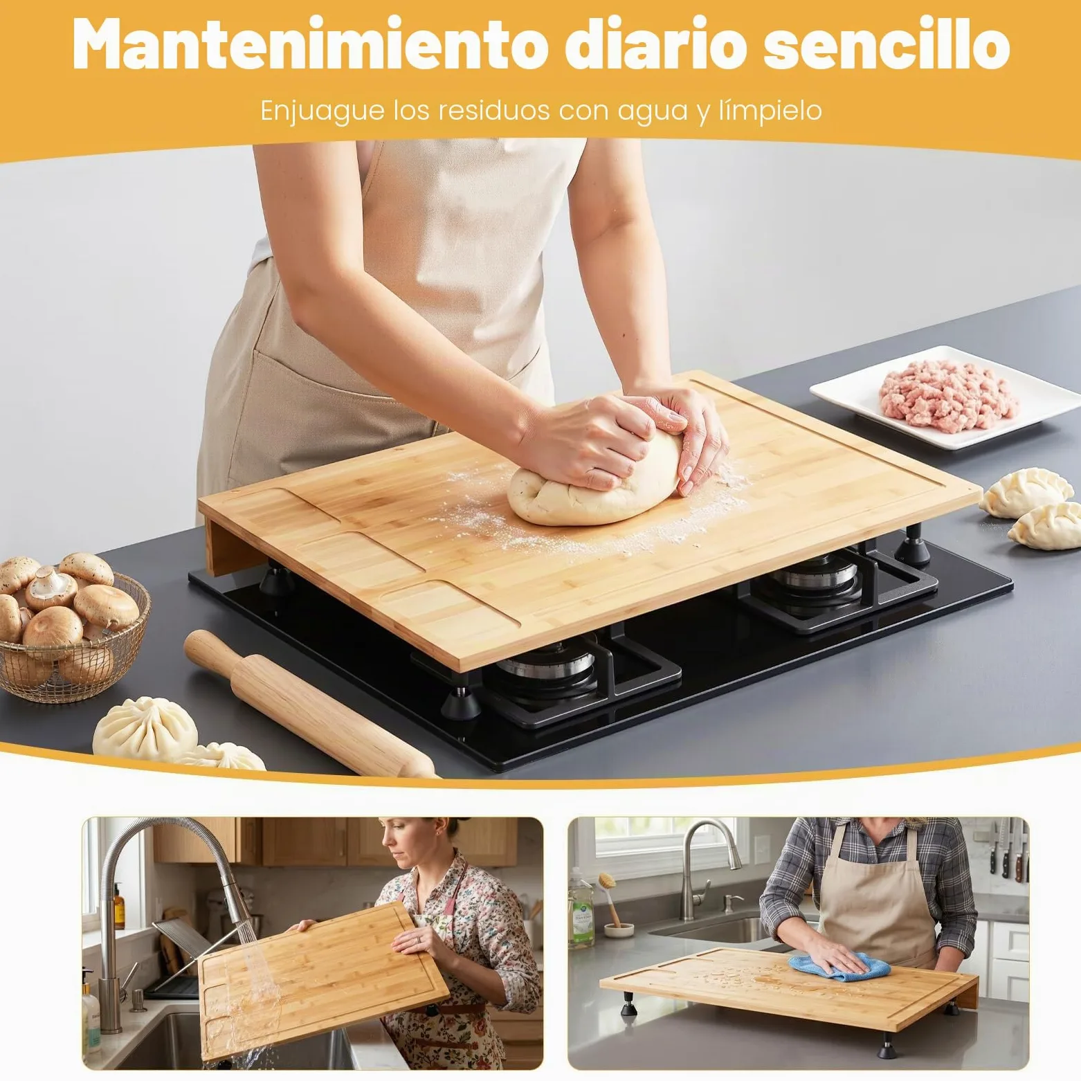Cubierta de cocina de madera con 4 pies de apoyo extraíbles, cubierta de cocina, cubierta multifuncional, para la mayoría de cocinas de gas y eléctricas, 75 x 54 x 10 cm