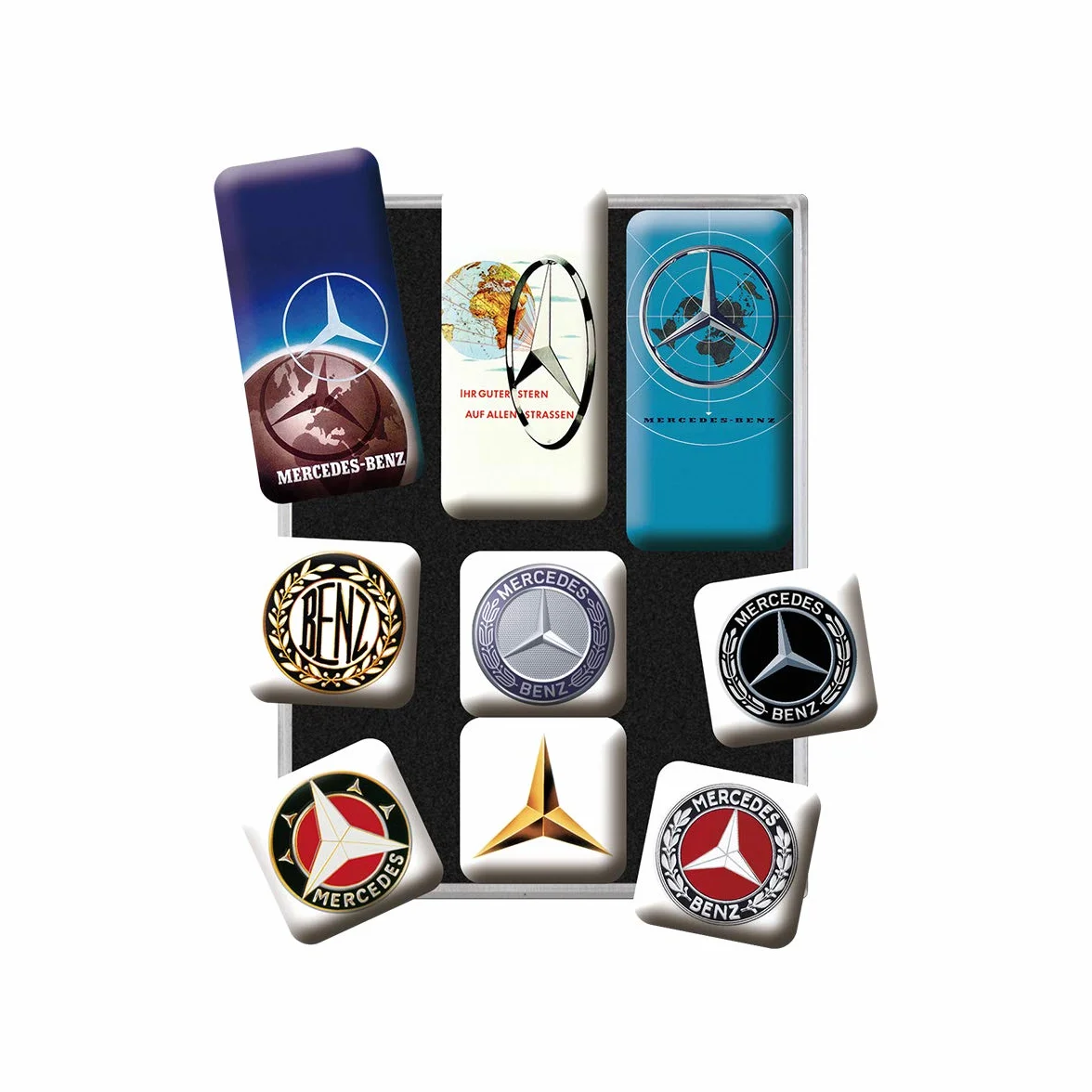 Nostalgic-Art Juego de Imanes Retro, Mercedes-Benz Logos – Regalo para Aficionados a Coches, Decoración para la Nevera, Diseño Vintage, 9 Unidades