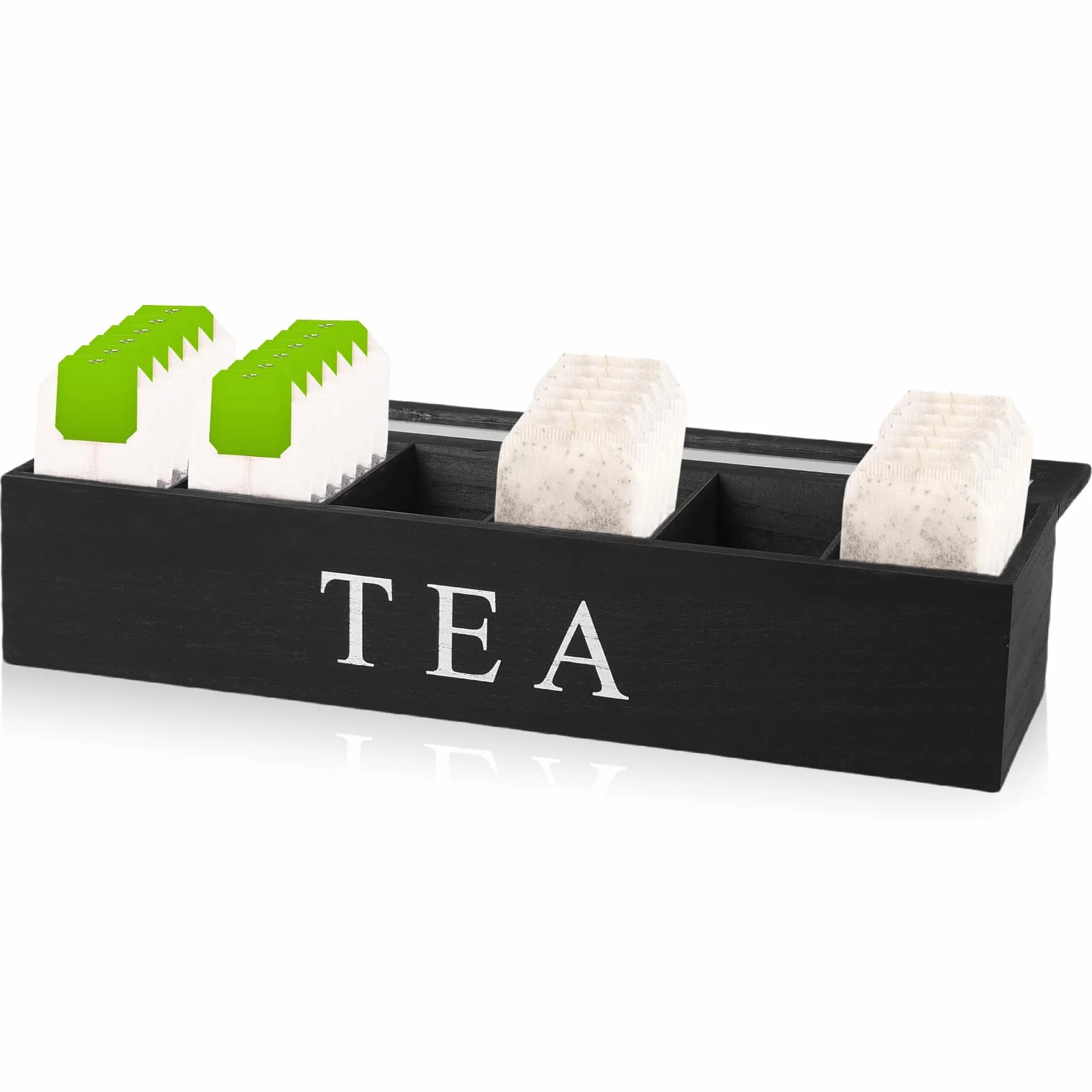 Organizador de bolsas de té con 6 compartimentos, 43 x 9 x 8,7 cm, cajas de té para bolsas de té, caja de almacenamiento de madera maciza negra, almacenamiento para bolsas de té, bolsas de especias