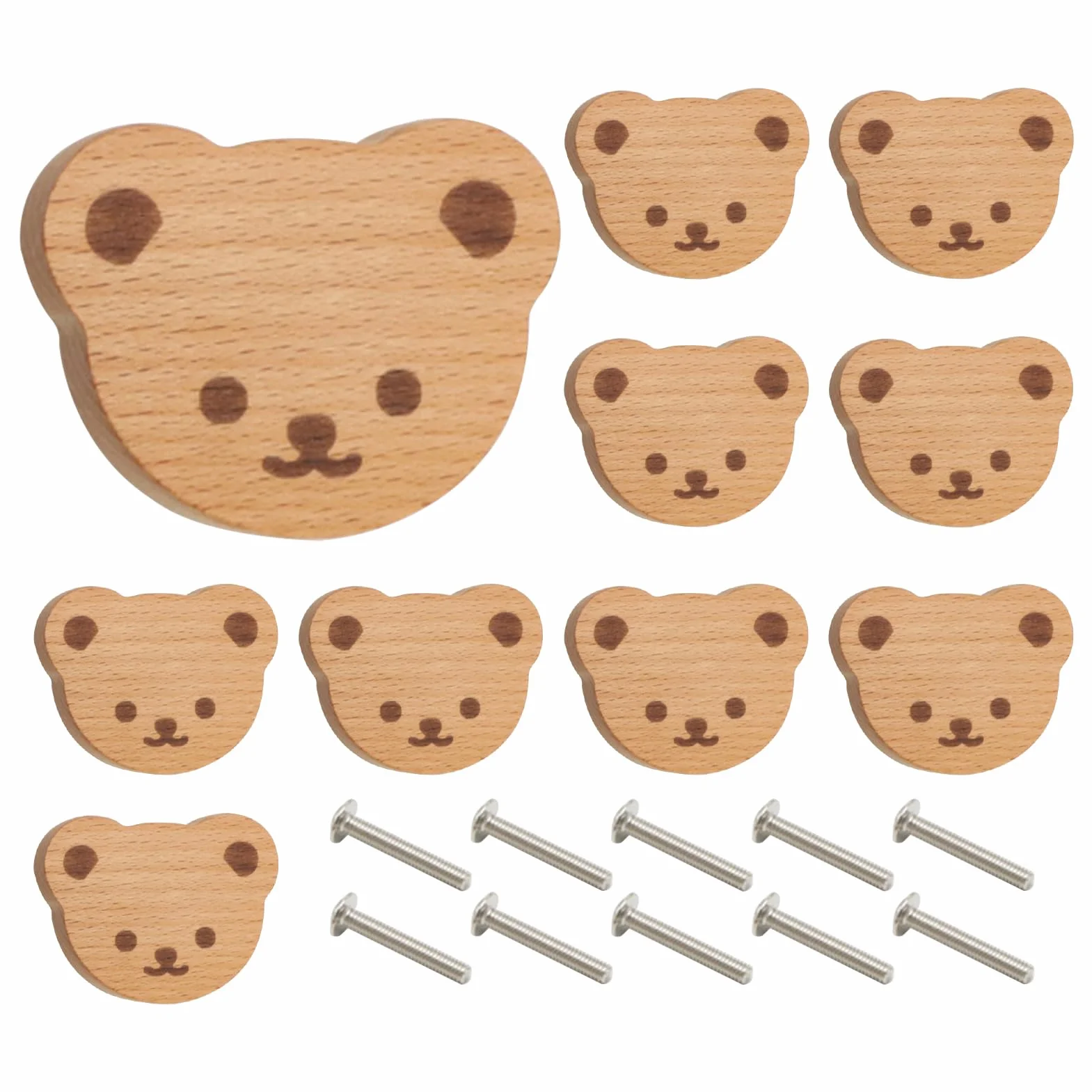 Generisch Tiradores de cajón con oso de dibujos animados, 10 unidades de botones de madera para armarios, tiradores de puertas de armario, tiradores de muebles con tornillos para tocador, baño