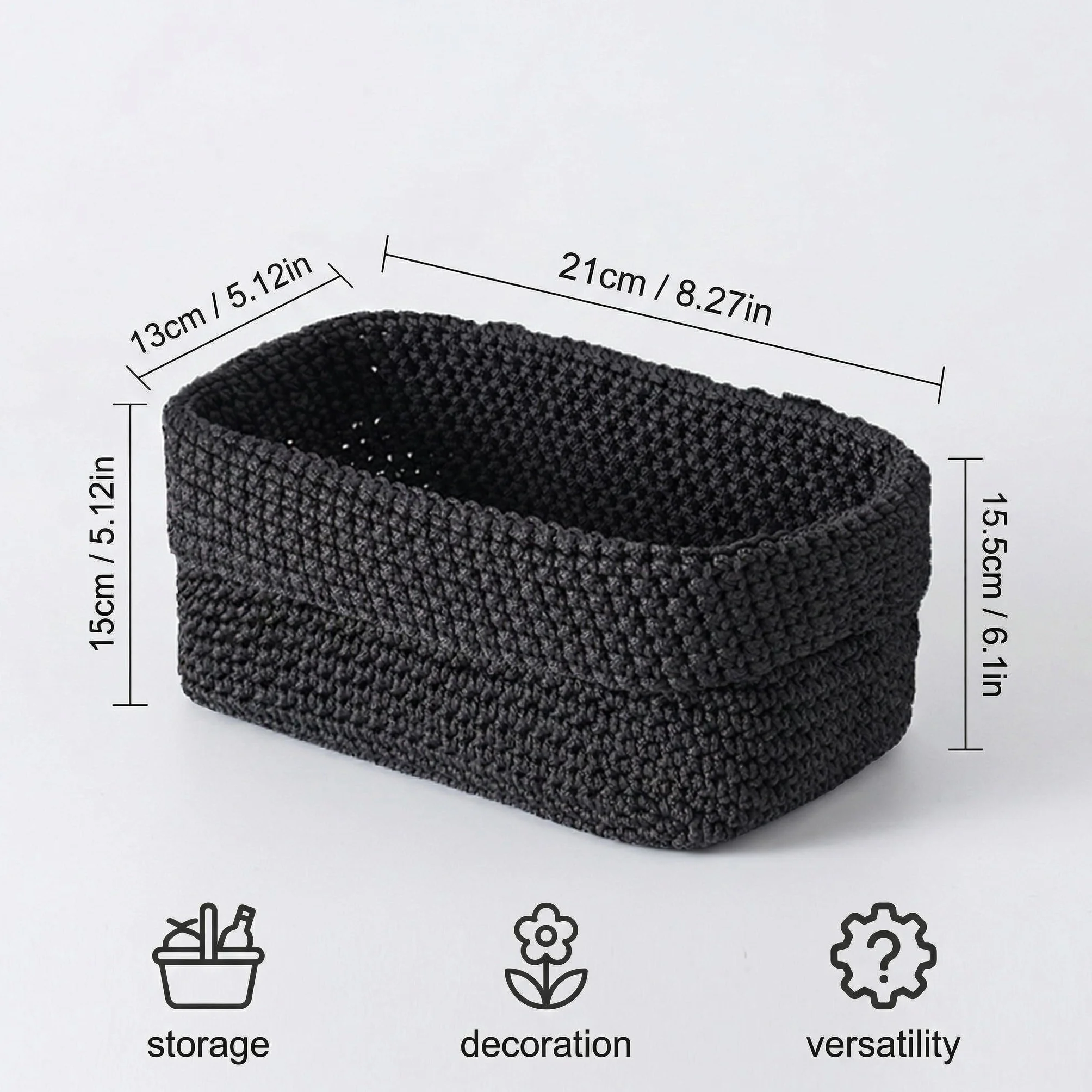 Cesta de Almacenamiento Negra Tejida a Mano en Cuerda de Algodón 21×13×15,5 cm Organizadora para Cocina Baño