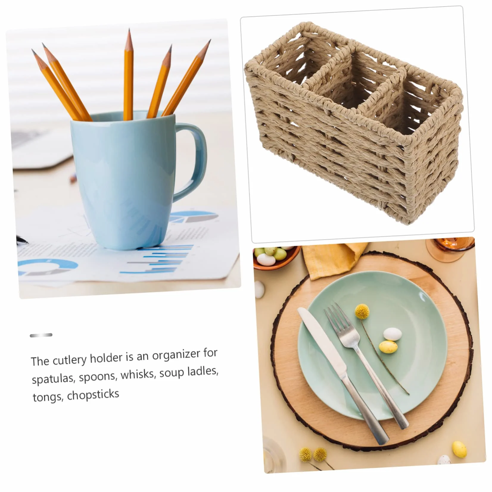 PRETYZOOM Cesta De Almacenamiento Tejida De Cuerda De Papel Beige para Cubiertos y Utensilios De Cocina Soporte Organizador para Tenedores y Cucharas para Hogar y Restaurantes