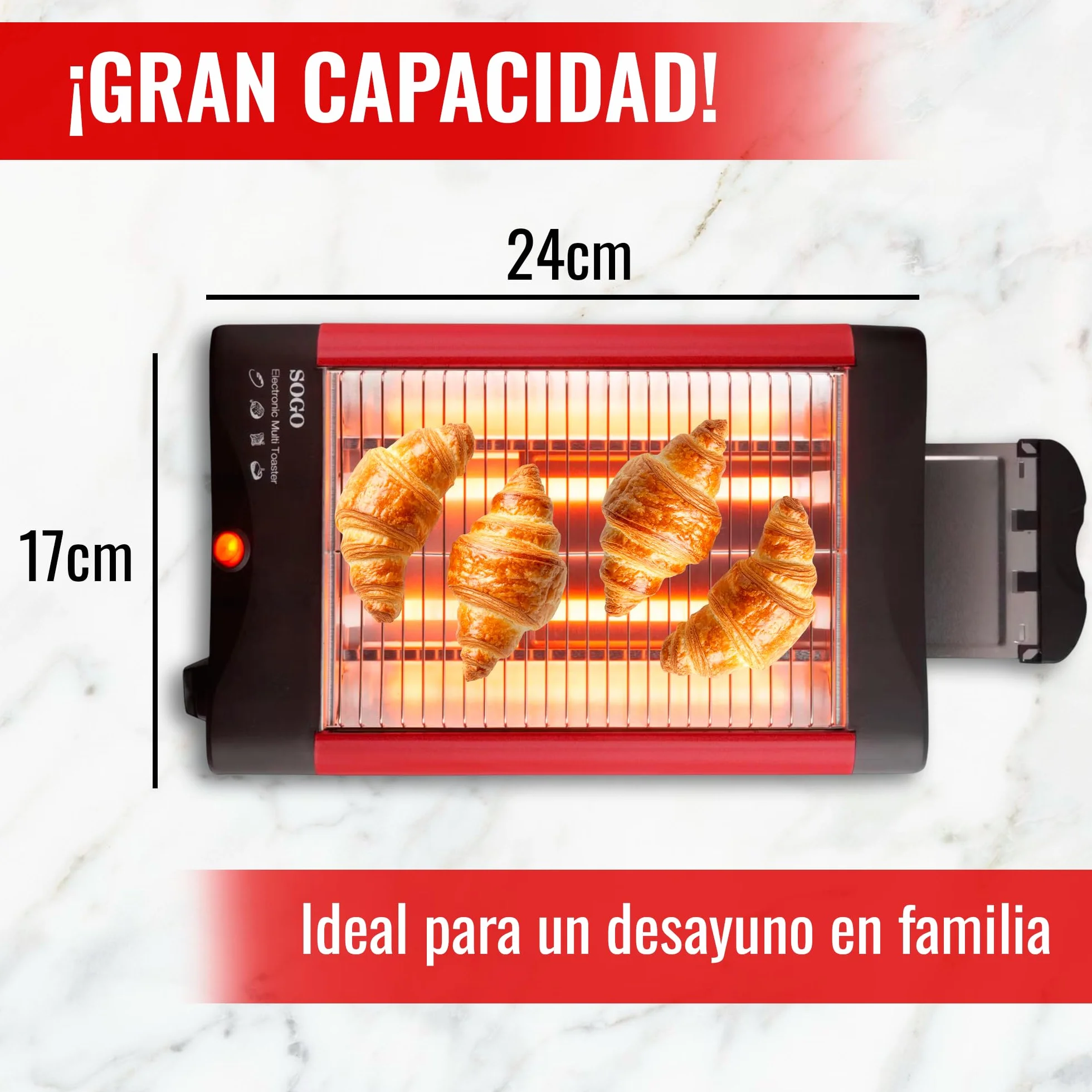 SOGO Tostadora Horizontal para Pan y Bollería – Tostadora Pan Plana con Resistencias de Cuarzo y Temporizador de 5 Minutos – Bandeja Extraíble para Migas e Indicador luminoso