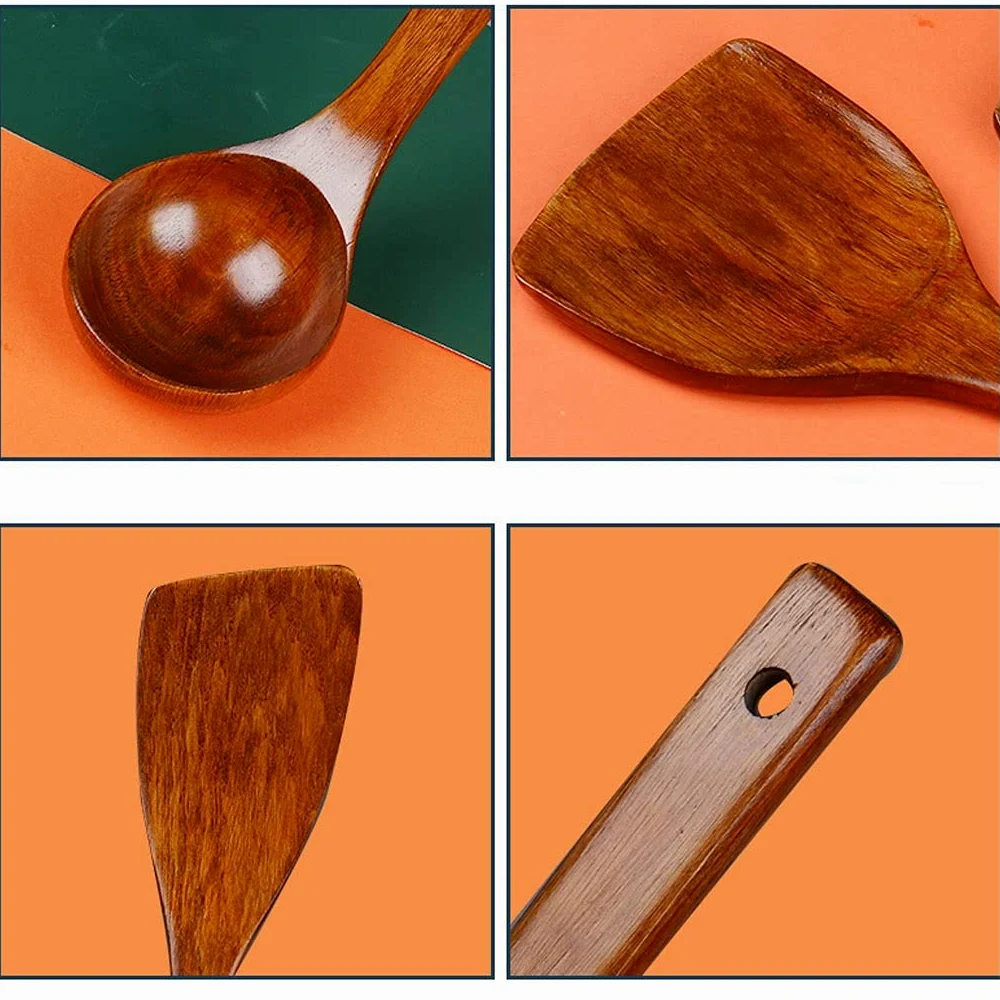 Juego de cucharas de cocina de madera, tenedores y cucharas de ensalada de mango largo, herramientas de cocina antiadherentes para cocinar y servir, usos ecológicos para chefs caseros