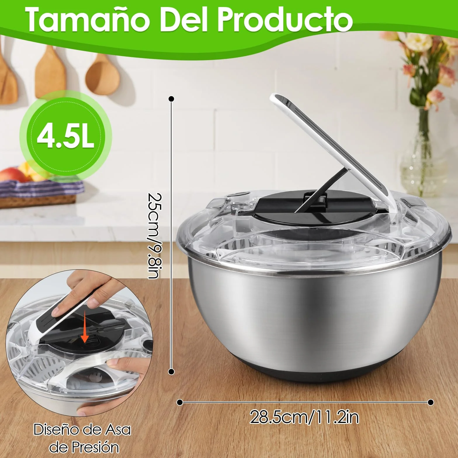 Centrifugadora Lechuga 4,5L de Acero Inoxidable Grande, Escurridor Lechuga Centrifuga con Tapa, Base Antideslizante, Escurridor Ensalada para Lavar y Escurrir Las Ensaladas