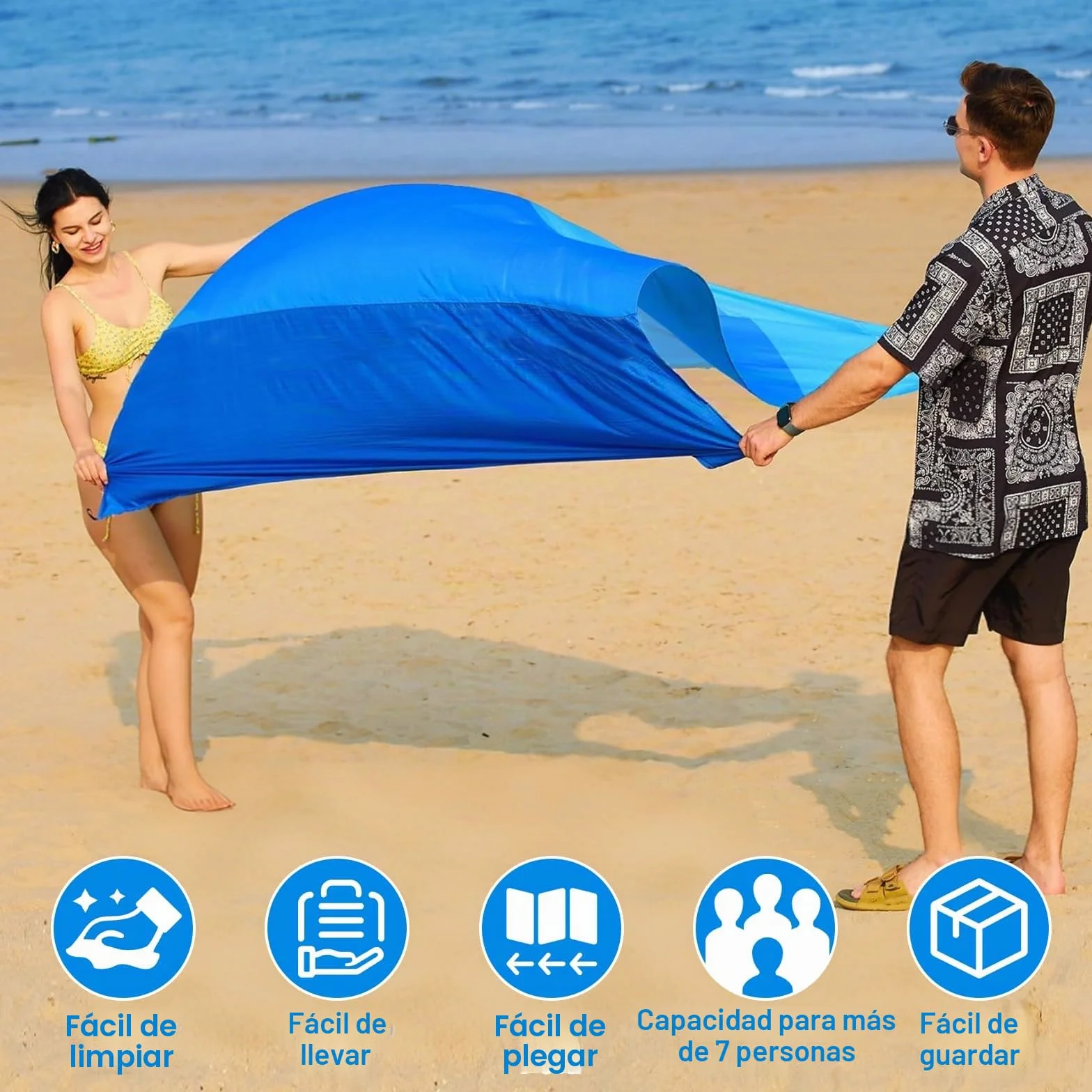 Manta de Playa Grande 210x230cm, Esterilla a Prueba de Arena, Alfombra de Picnic Ligera con Estacas