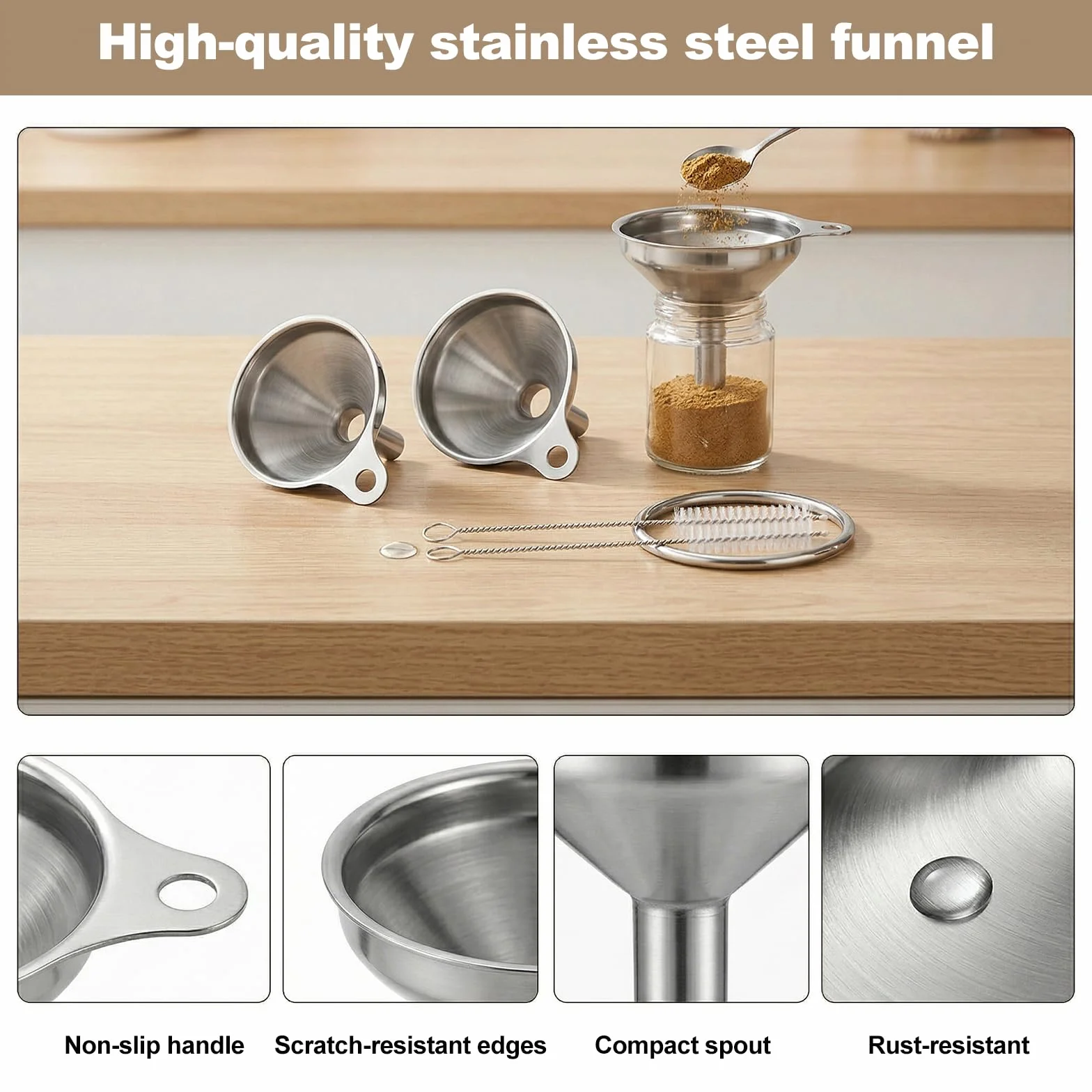 3 Embudos de Acero Inoxidable, Mini Embudos de Cocina con 2 Cepillos de Limpieza, Embudos Pequeños de Cocina con Asa, Embudos de Acero Inoxidable para Líquidos y Polvos