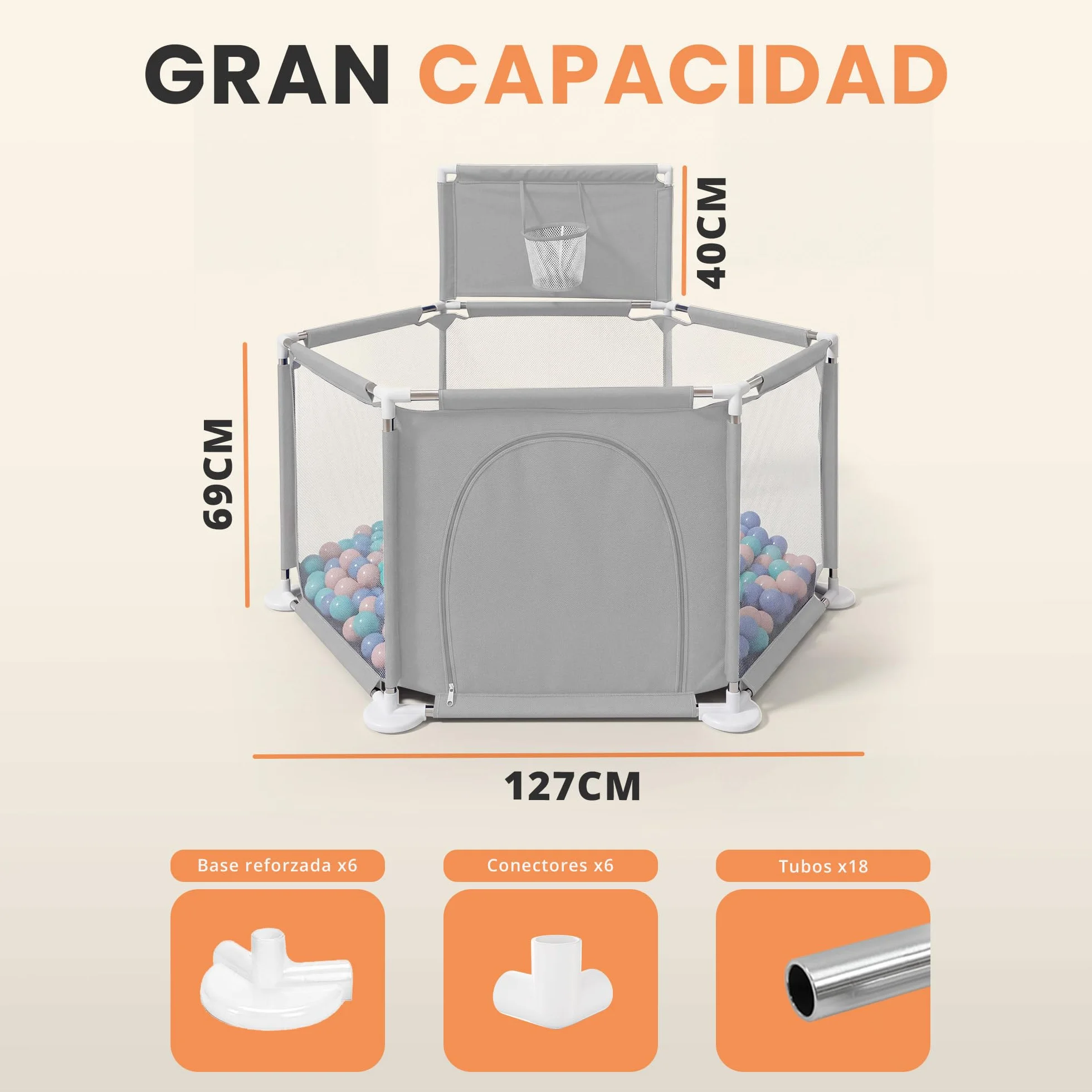 JUPPLIES Parque Infantil Bebe 127x127cm Hexagonal – Corralito Bebe con Malla Transpirable – Parque de Juegos Bebe con Puerta Lateral – Playpen Bebe - Parque con Canasta y Pelotas