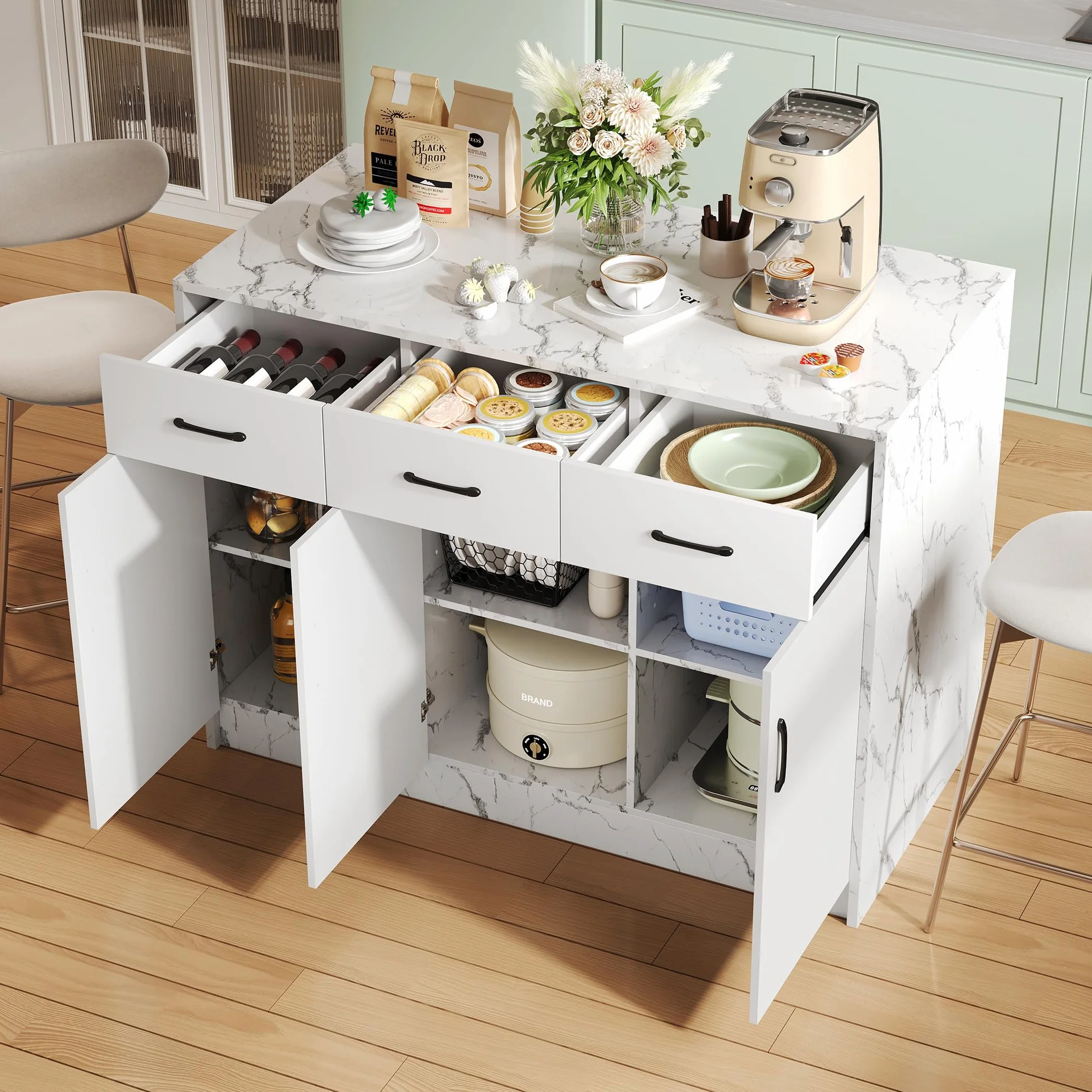 Isla de cocina grande 120 x 60 x 90,5 cm, 3 cajones y 3 puertas, diseño de mármol blanco, estantes ajustables, cajones silenciosos, diseño de área de bar - Utensilios de cocina elegantes y prácticos