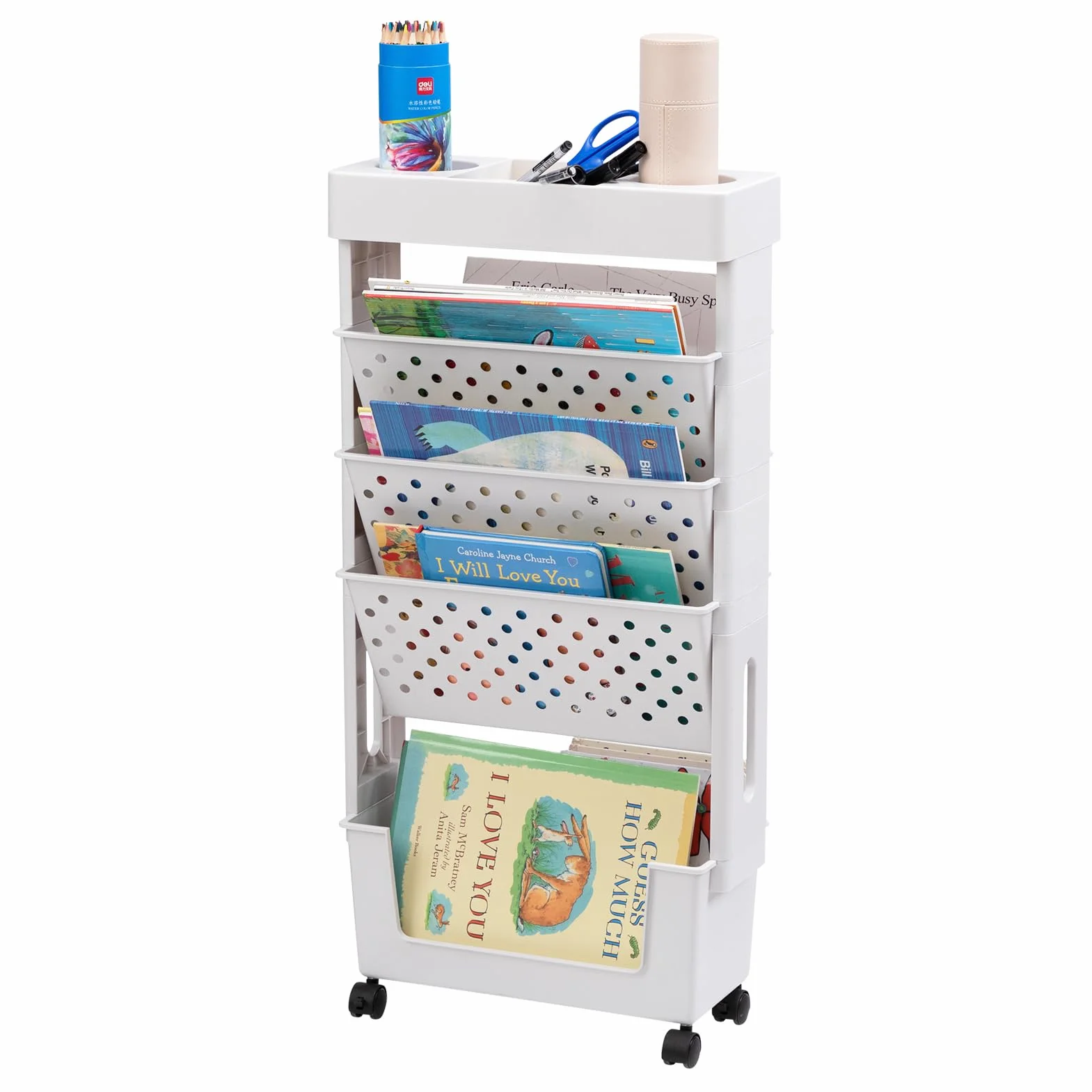 DOEWORKS Estantería Libros con Ruedas Móvil Estantería Carrito Auxiliar 5 Niveles Estante para Libros Pequeño Organizador Escritorio Ruedas Carro de Servicios para Salón Dormitorio Oficina, Blanca