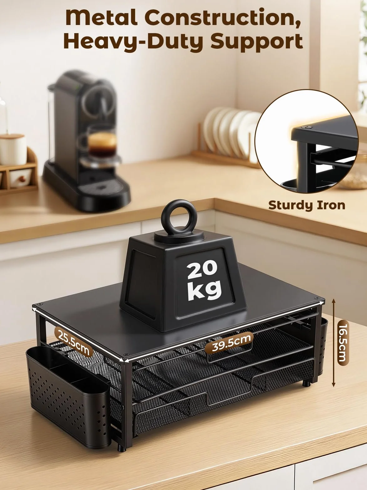 Weenkler Soporte para cápsulas de café con cajón de almacenamiento de 2 niveles – Estación de café compatible con cápsulas y máquinas Nespresso – 39,5 x 25,5 x 16,5 cm