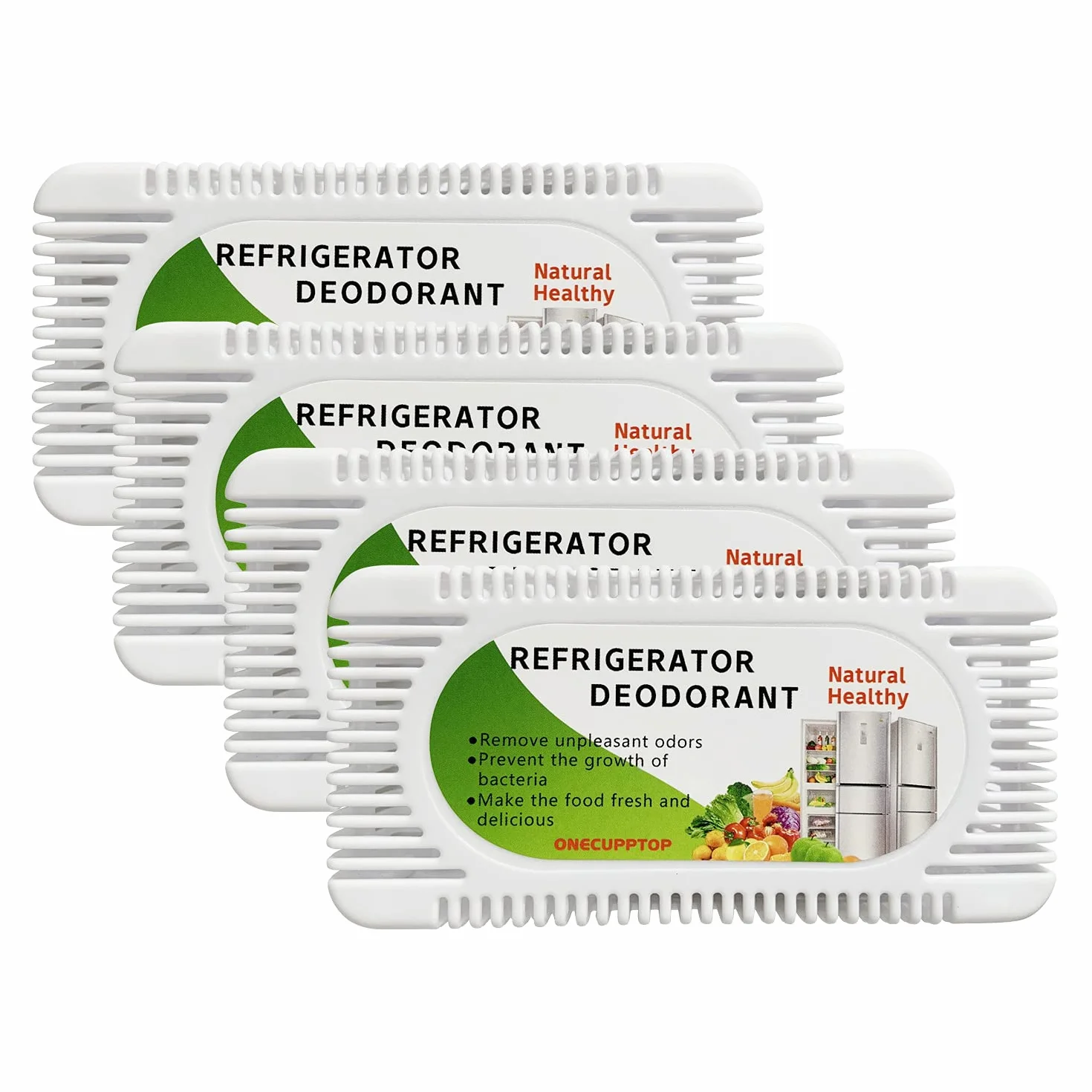 Desodorante para refrigerador (paquete de 4), eliminador de olores para refrigerador y congelador, removedor de olores de carbón activado y absorbente de humedad