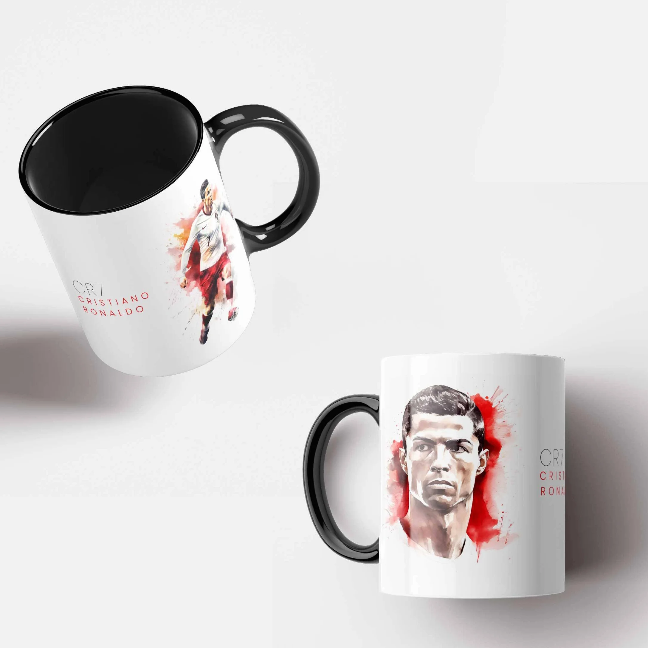 Taza de acuarela Cristiano Ronaldo blanco y negro