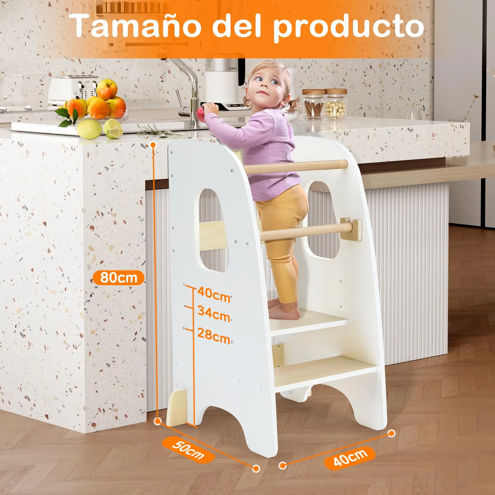 Ezebaby Torre de Aprendizaje Montessori Madera Altura Ajustable con Barandilla de Seguridad para Niños 1-6 Años Blanco