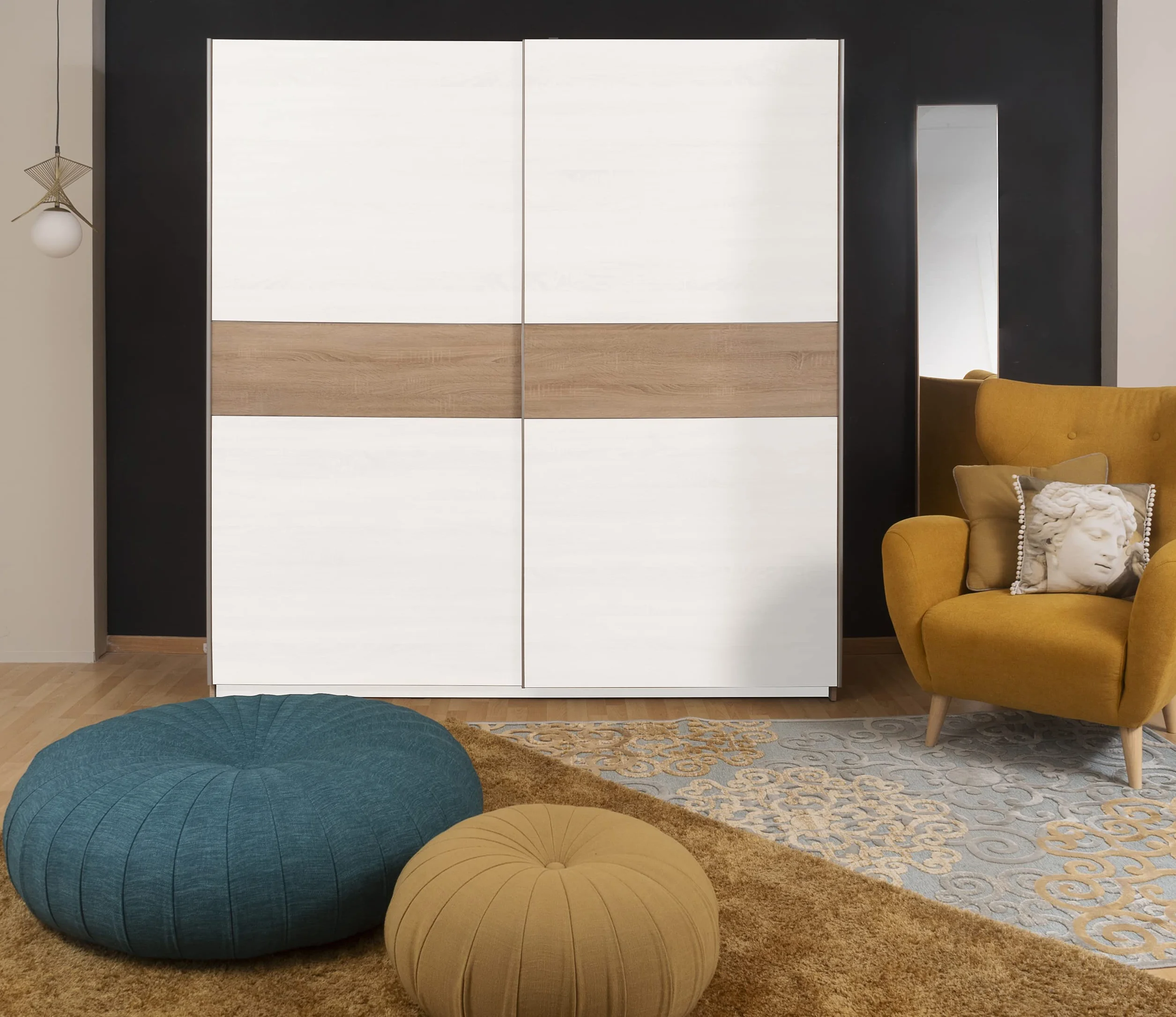 Homely | Armario de Puertas correderas Winter 200 | Acabado Laminado sintético Color Blanco Mate con Franja Central Reversible en Blanco o Roble | Medidas 200x62. Altura 210 cm. | Diseño Funcional