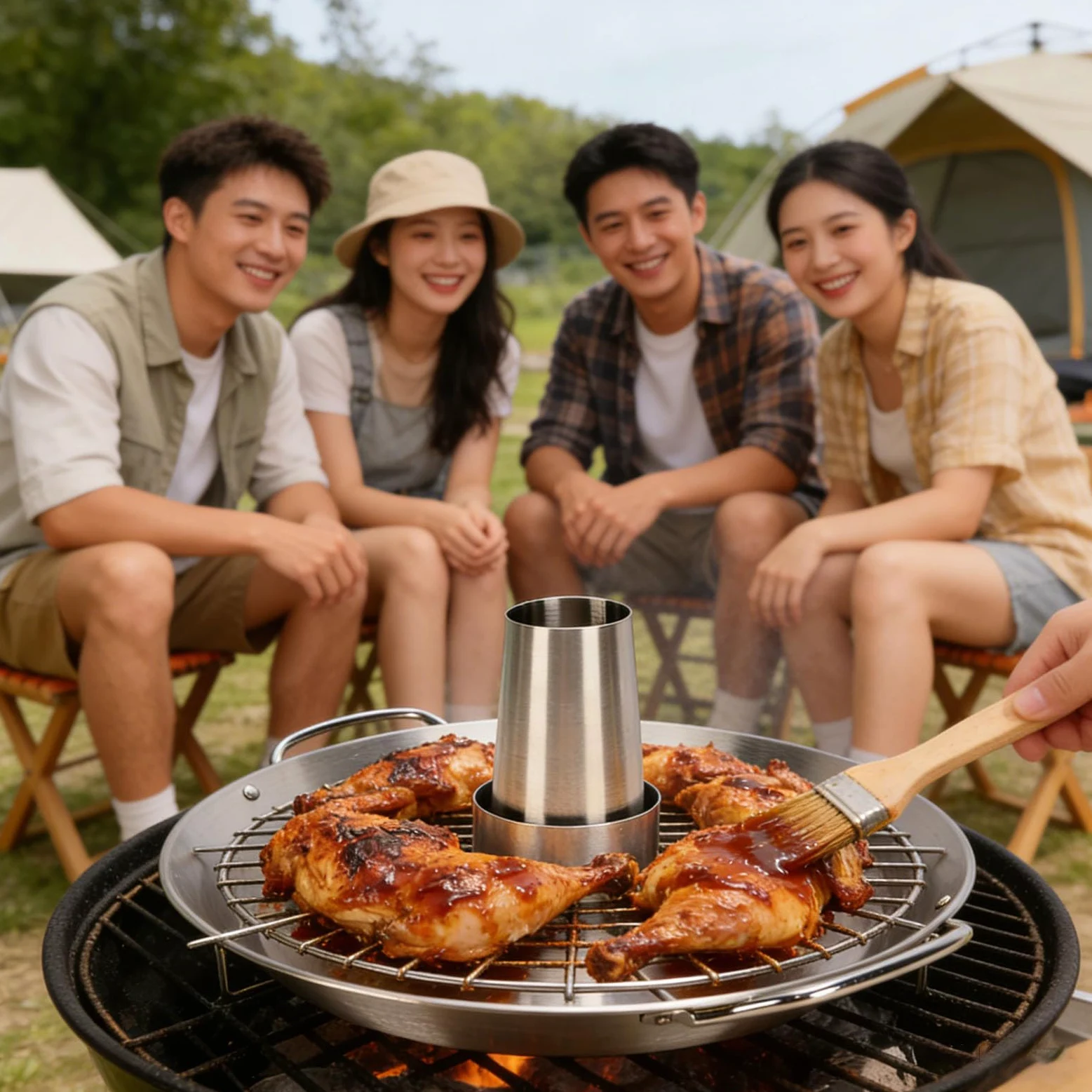Socobeta Bandeja para Asar Pollo con Lata de Cerveza, Acero Inoxidable Duradero, Soporte Desmontable para Barbacoa Al Aire Libre, 1 Unidad
