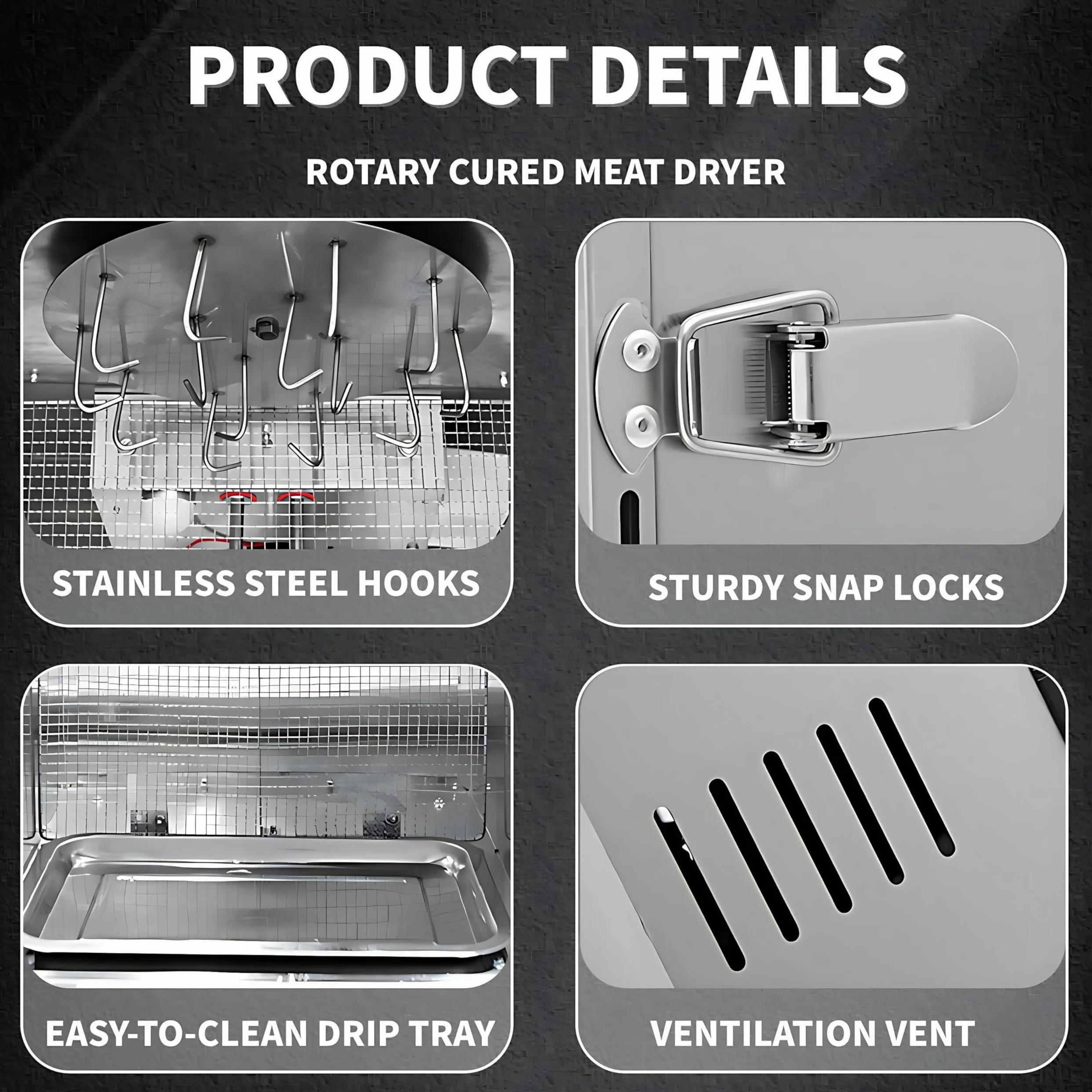 Caja de secado Biltong de acero inoxidable, deshidratador de alimentos y armario de secado de 800 W, deshidratador de alimentos grande con 14 ganchos para colgar, control inteligente LED para secar