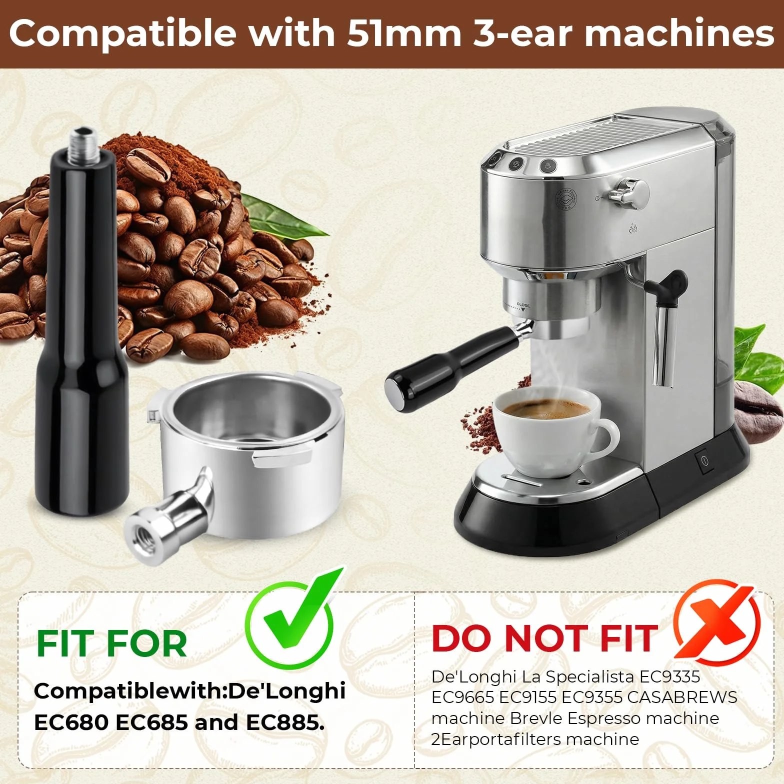 Portafiltro sin fondo de 51 mm con 3 Orejas Compatible con DeLonghi Dedica EC680/EC685/EC885, Portafiltro de Café con 2 Cesta de Filtro de Acero Inoxidable (Negro)