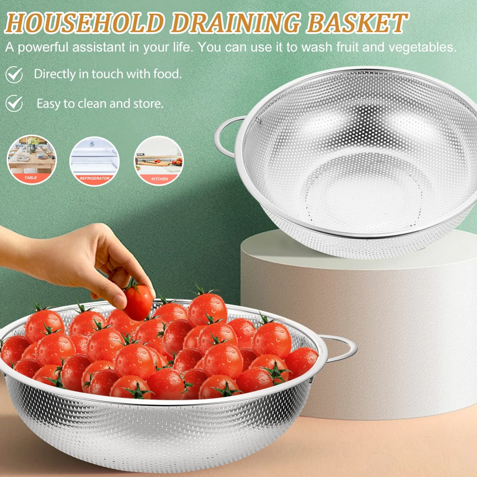 Colador de fideos Colador de malla de acero inoxidable Cestas de colador con asa Cuenco de lavado de arroz de metal de 34 cm Cuenco colador de alimentos de cocina Cuenco para pasta Espaguetis Bayas