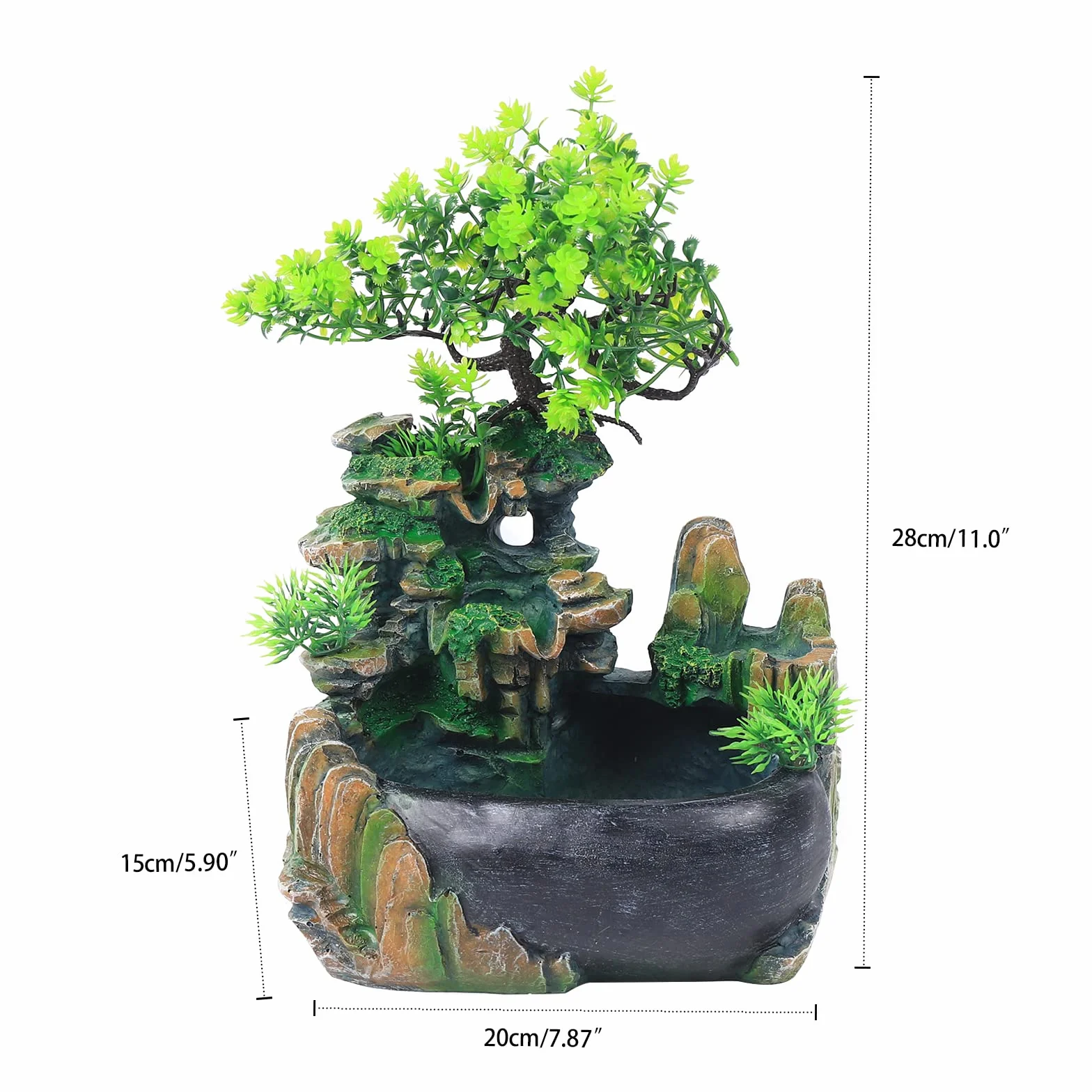Fuente de interior con iluminación LED, fuente de planta verde, fuente de jardín, fuente decorativa, fuente de mesa, cascada con niebla, 28 x 15 x 20 cm