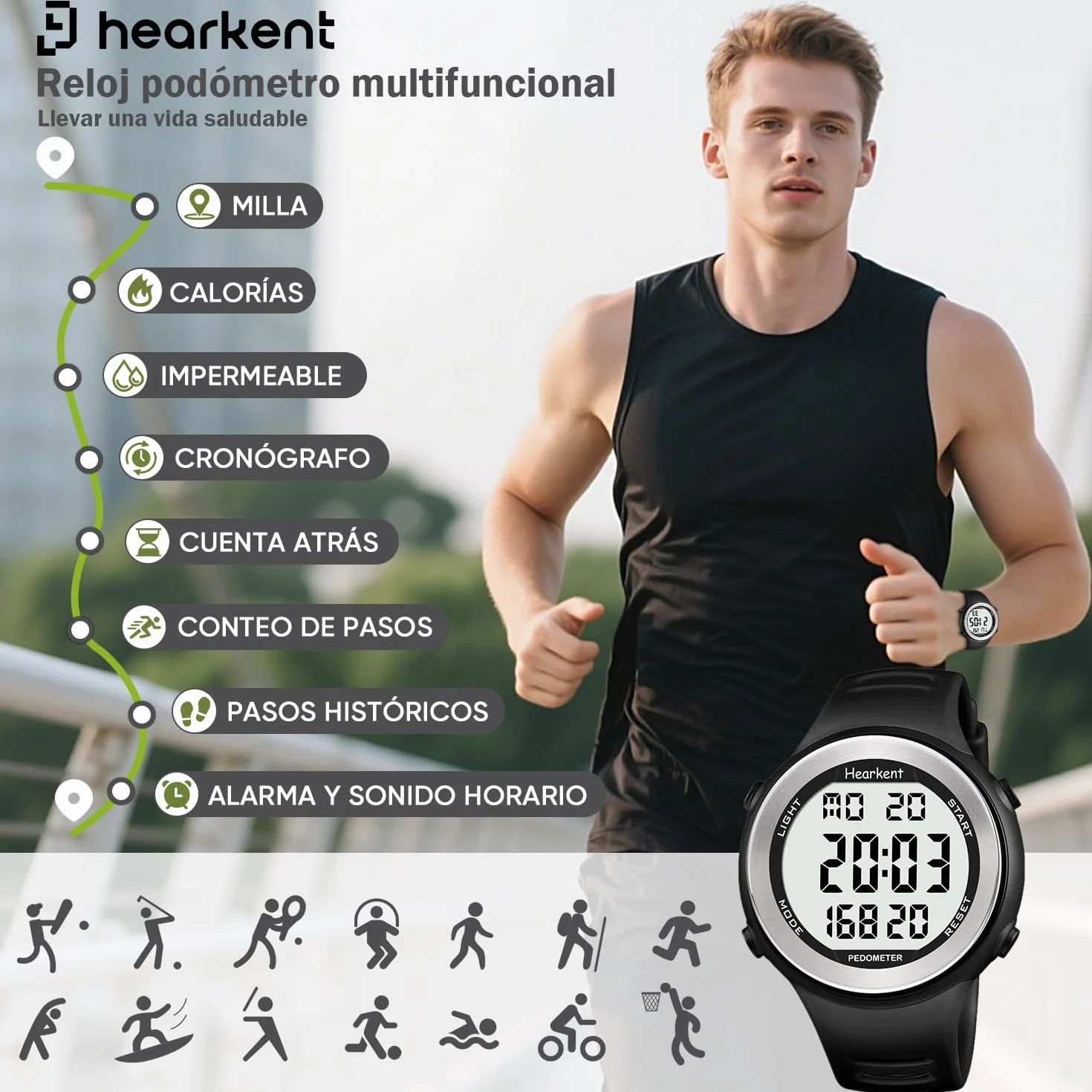 Hearkent Reloj podómetro Resistente al Agua con Contador de Pasos, Calorías y Números Grandes LCD