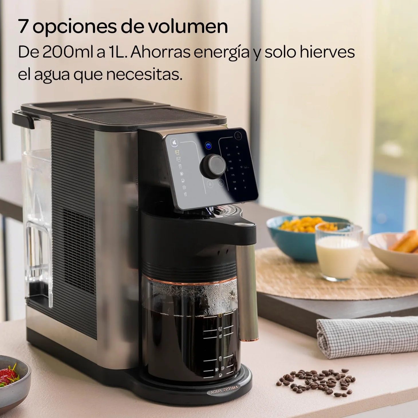 Aqua Optima Máquina de café por goteo Aurora con agua filtrada y dispensador instantáneo. Incluye filtro Evolve+ de 30 días. Ahorro de energía, ajuste de temperatura y cantidad de agua. Plug & Go.