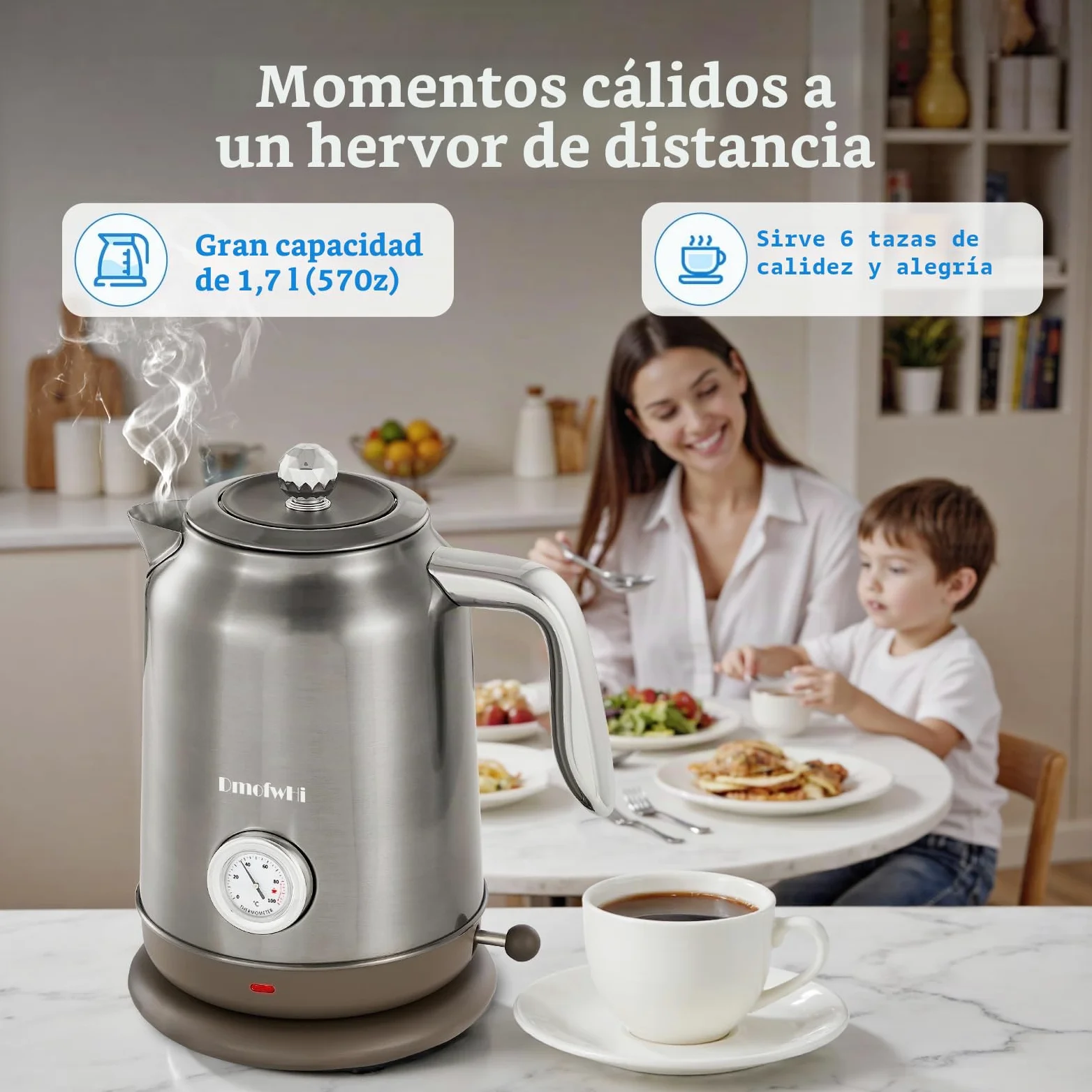 DmofwHi Hervidor de Agua Eléctrico de 1,7 Litros - Tetera Electrica con Termómetro e Indicador de Temperatura - Apagado Auto & Protección Ebullición Seca - Para Café, Té y Familia (Cromo)