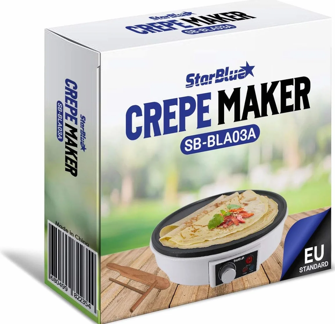StarBlue Máquina Eléctrica Para Hacer Crepes Y Tortitas De 30,5 Cm, Con Libro Electrónico De Recetas Y Espátula De Madera, Ca 220-240 V, 50/60 Hz Y 1000 W, Enchufe Del Reino Unido Y Adaptador Europeo