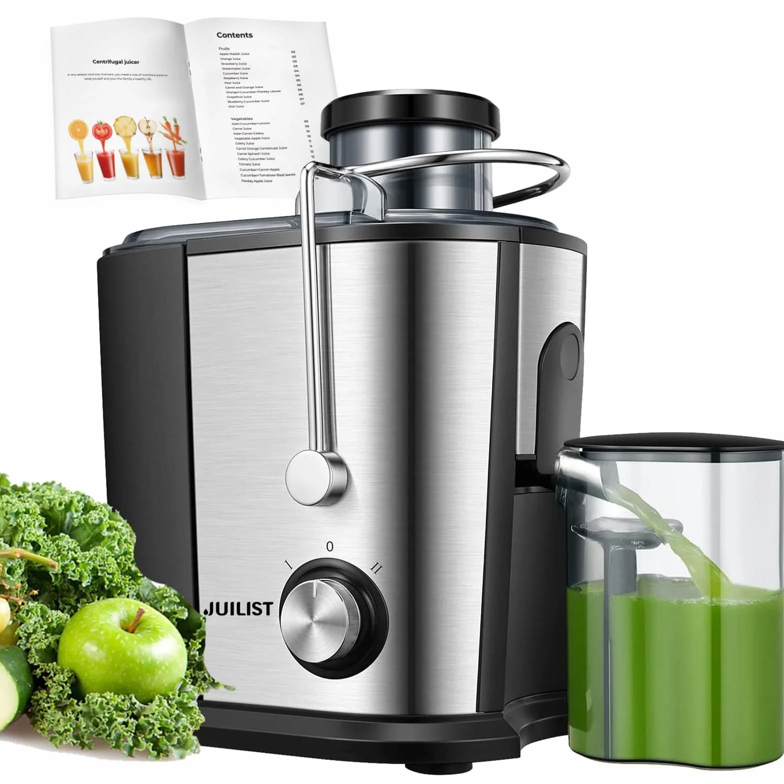 JUILIST Licuadoras Para Verduras y Frutas, 600W Licuadora de Acero Inoxidable, Diseño Nongoteo, Fácil de Limpiar, 2 Modos de Velocidad, 65MM de Boca Ancha, Pies Nondeslizantes