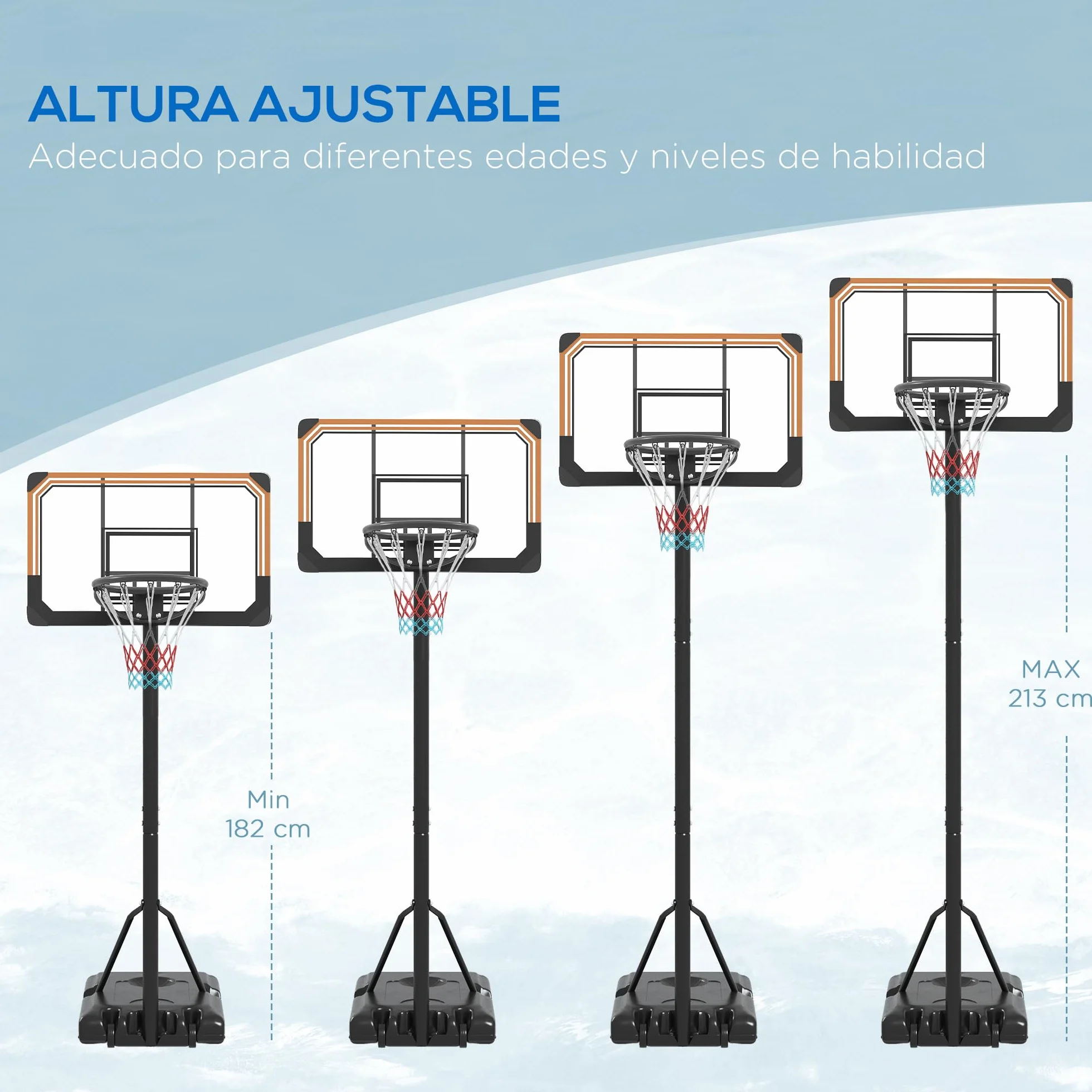 SPORTNOW Canasta de Baloncesto Exterior Altura Ajustable 182-213 cm Aro con Soporte Ruedas Base Rellenable Negro
