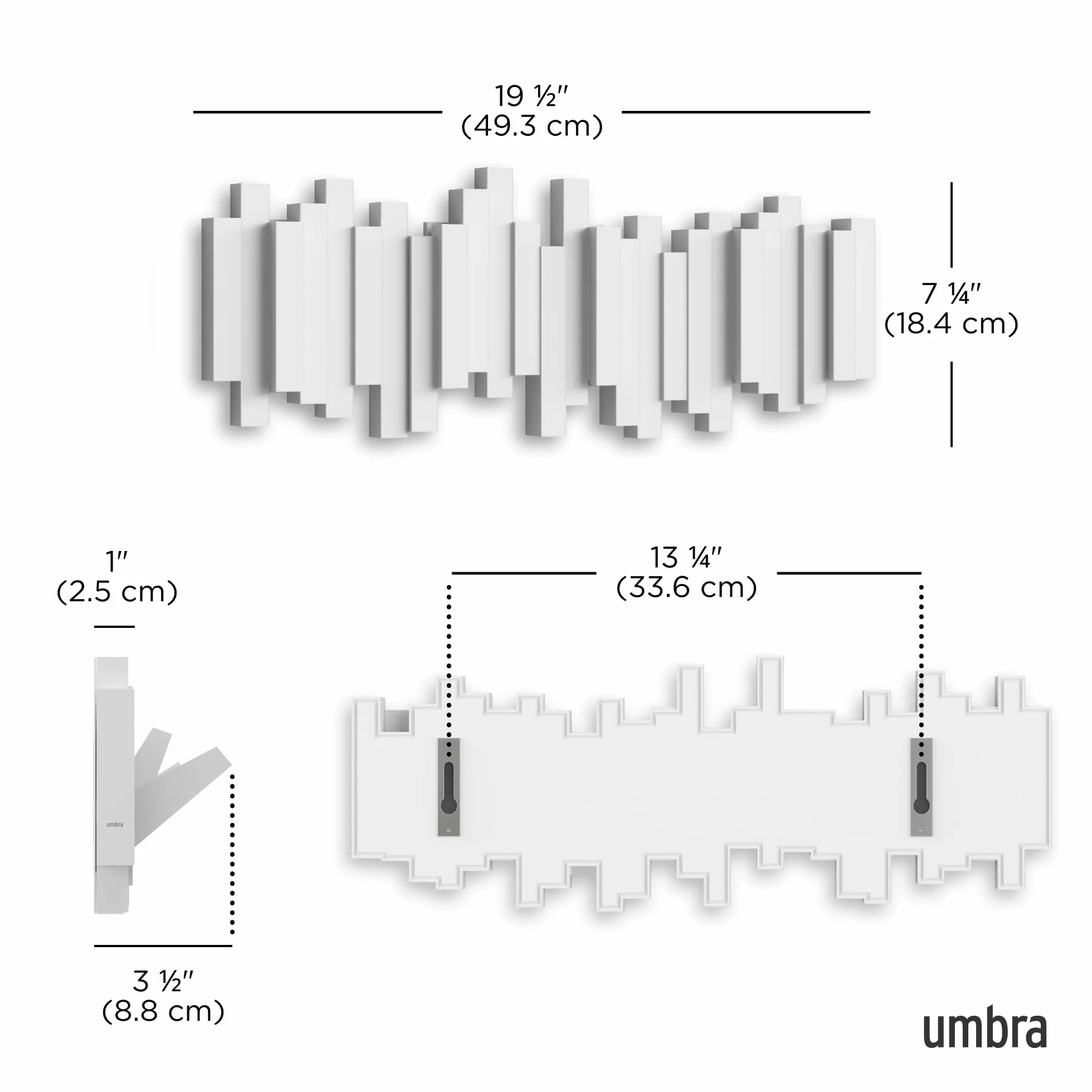 Umbra Sticks perchero de pared con gancho de riel y 5 clavijas retráctiles – Organizador de almacenamiento moderno que ahorra espacio, blanco