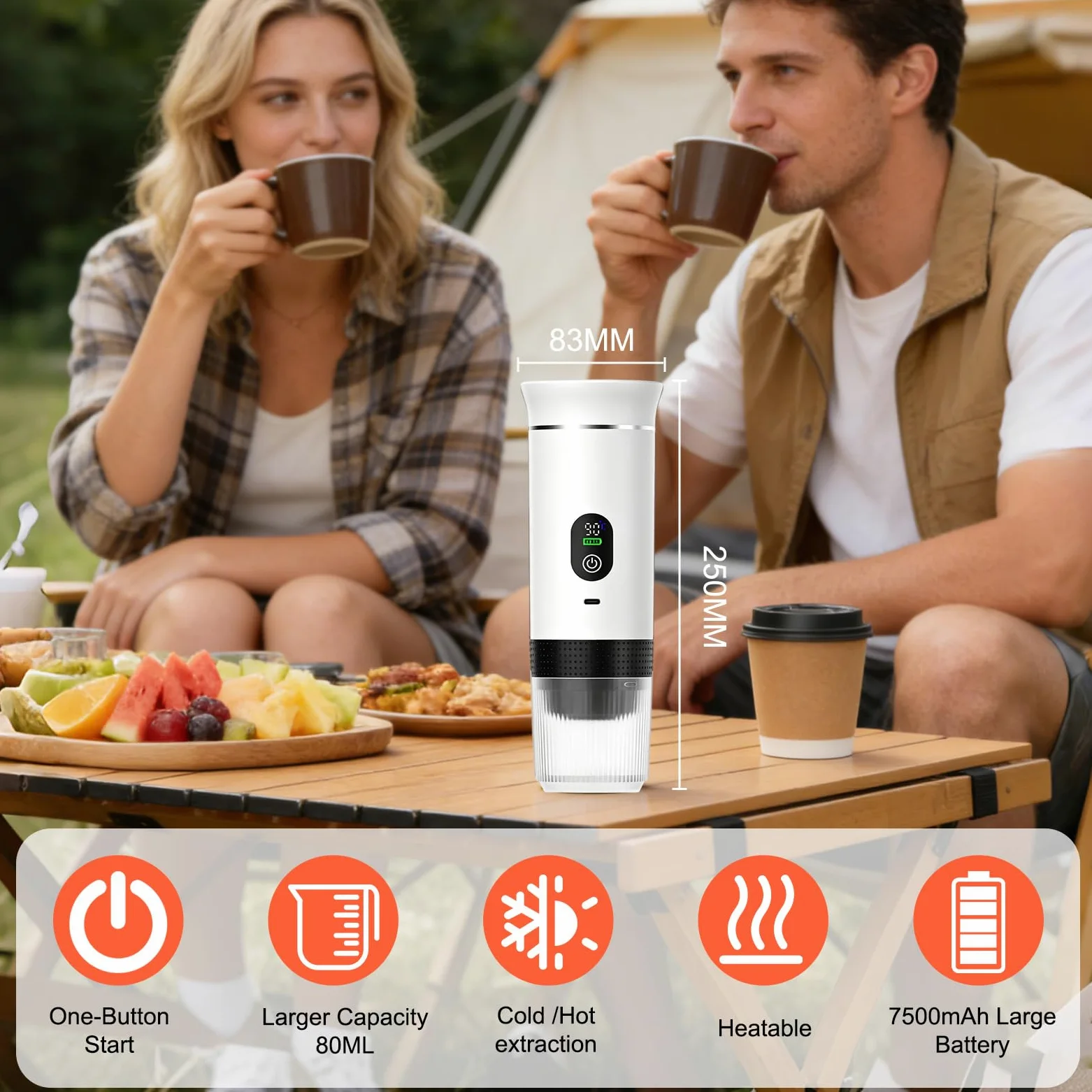 Mini cafetera de viaje 3 en 1 portátil con batería, máquina de café de viaje para coche, máquina de café espresso compatible con cápsulas y café molido para senderismo, oficina, autocaravana
