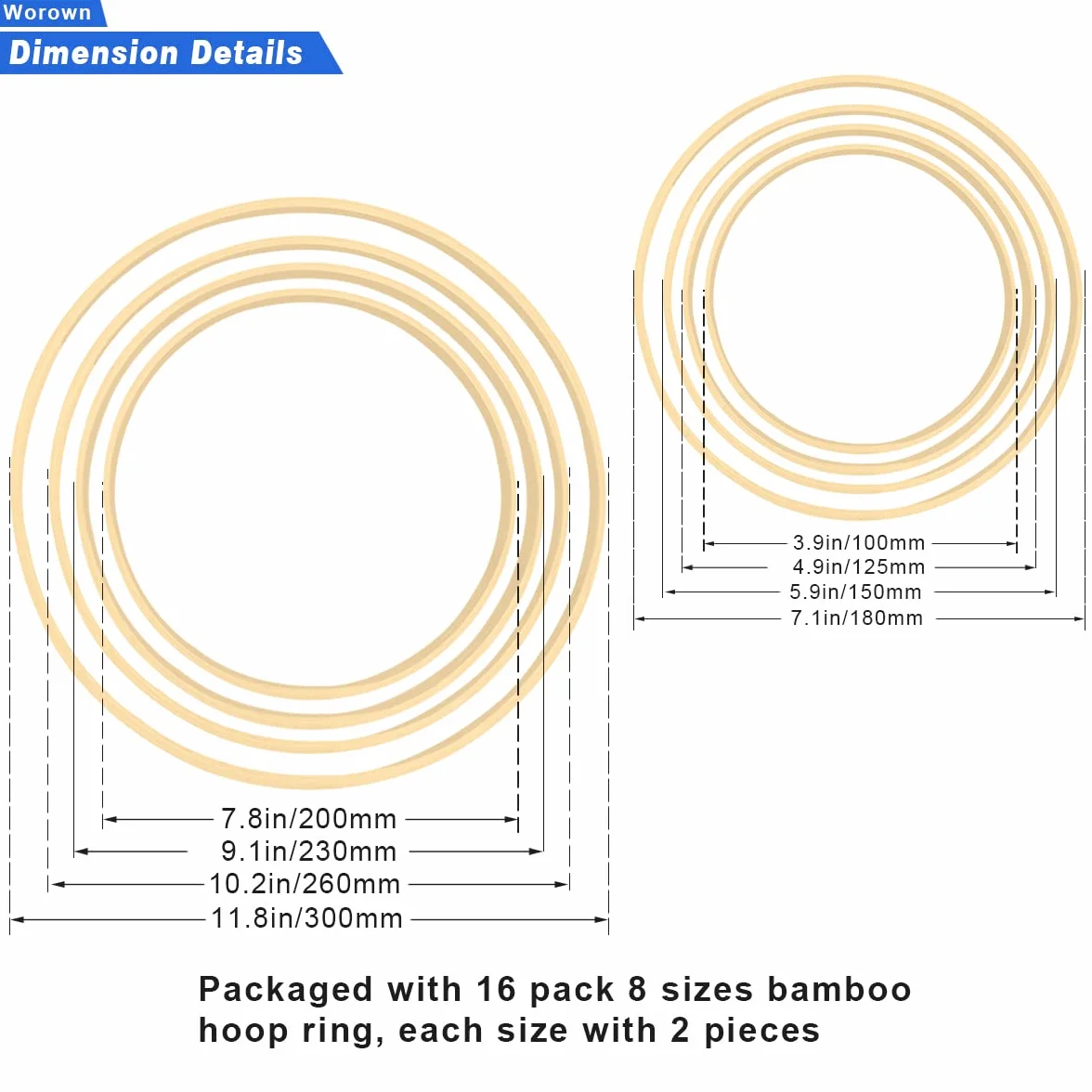 Worown 16 Piezas 8 tamaños (10, 12, 15, 18, 20, 23, 26, 30 cm) de Madera de bambú con Aros Florales para guirnaldas para Hacer una decoración de guirnaldas navideñas de Bodas