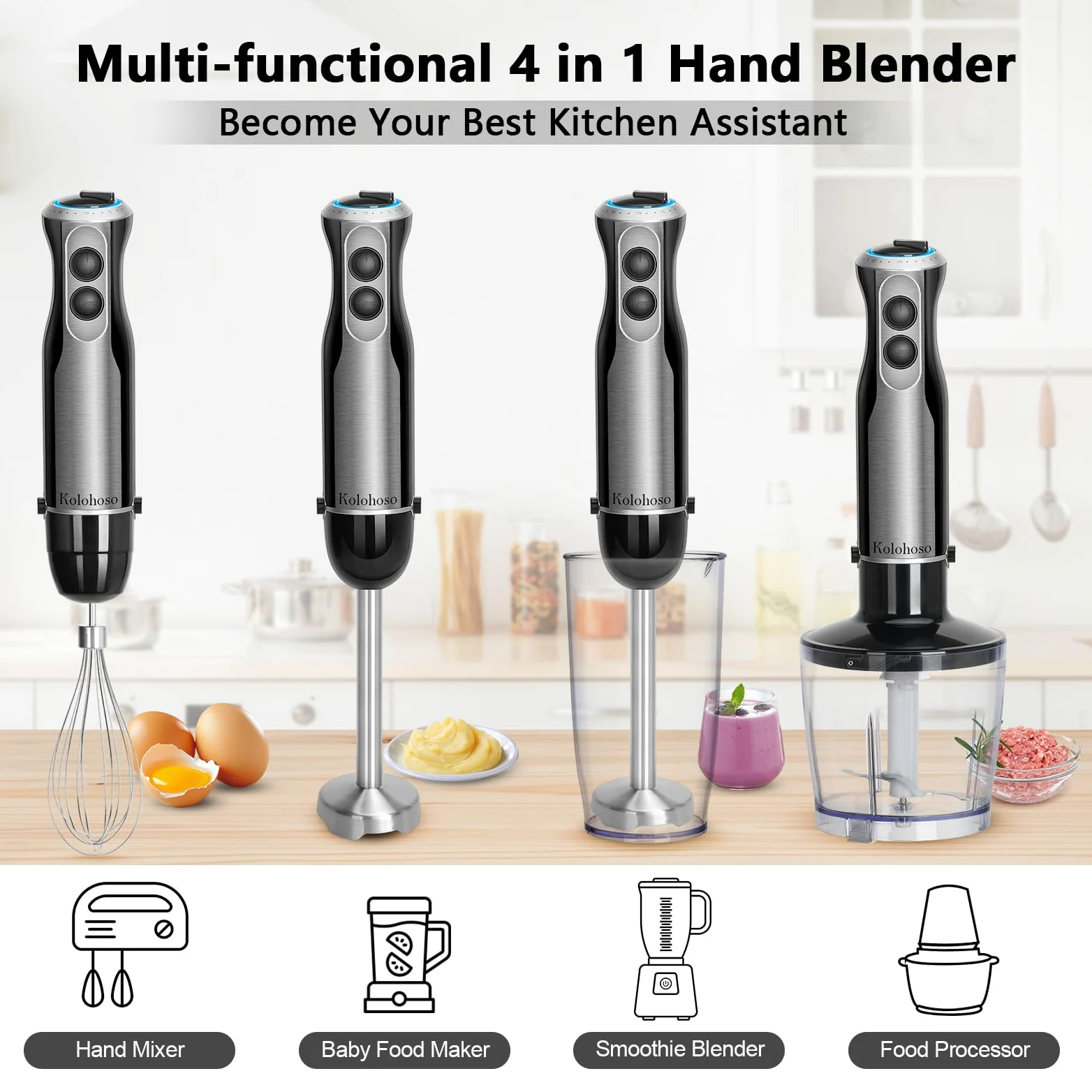 1500W Batidora de Mano 4 en 1 Botón TURBO 20 Velocidades Batidora Picadora | Batidora de Inmersión Multifunción 4 Hojas de Acero Inoxidable, Batidor de Huevos, Vaso Medidor 600ml y Picadora 500ml
